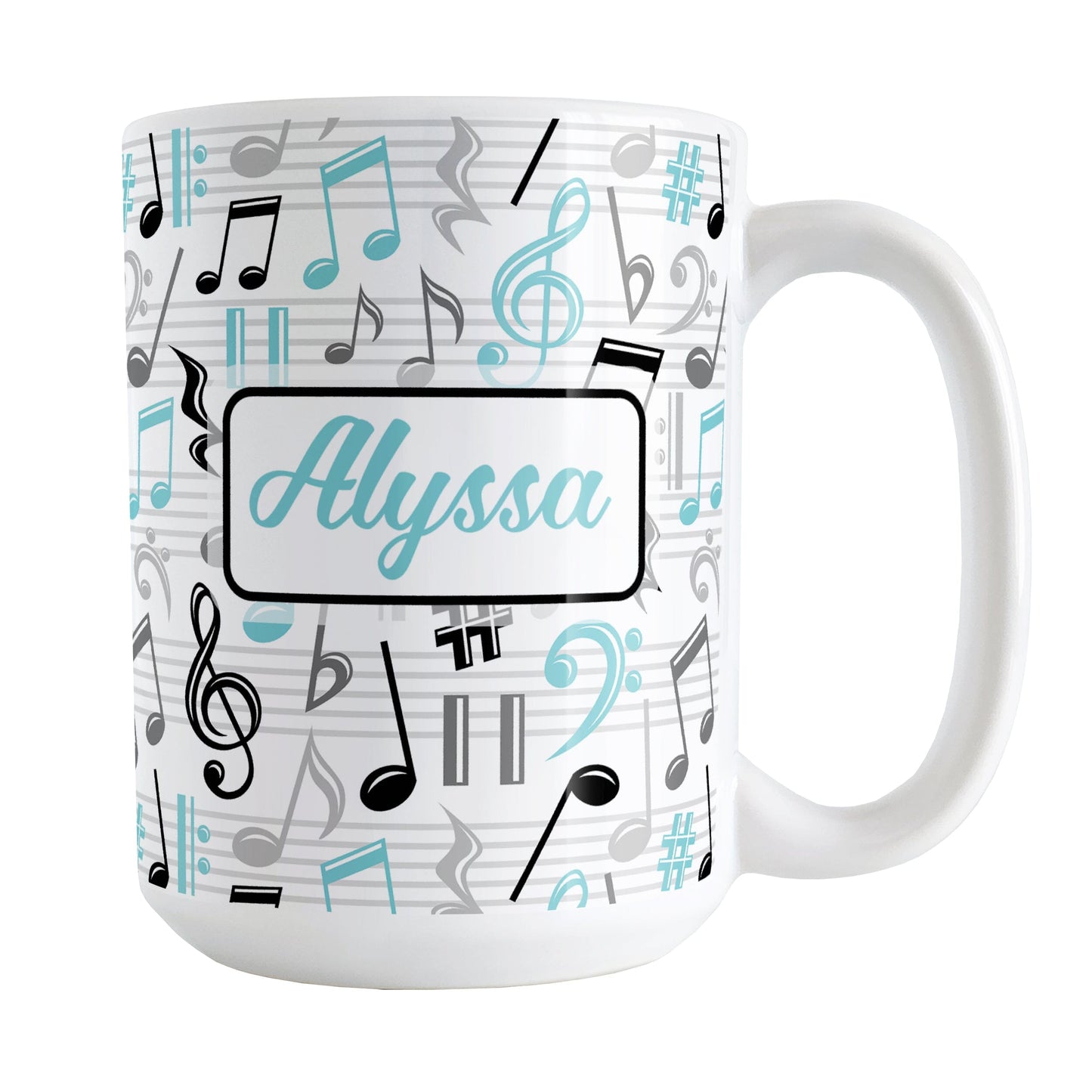 Personalized Turquoise Music Notes Pattern Mug (15oz) at Amy's Coffee Mugs. A ceramic coffee mug designed with music notes and symbols in turquoise, black, and gray in a pattern that wraps around the mug to the handle. Your personalized name is custom printed in a turquoise script font on white over the music pattern design on both sides of the mug.