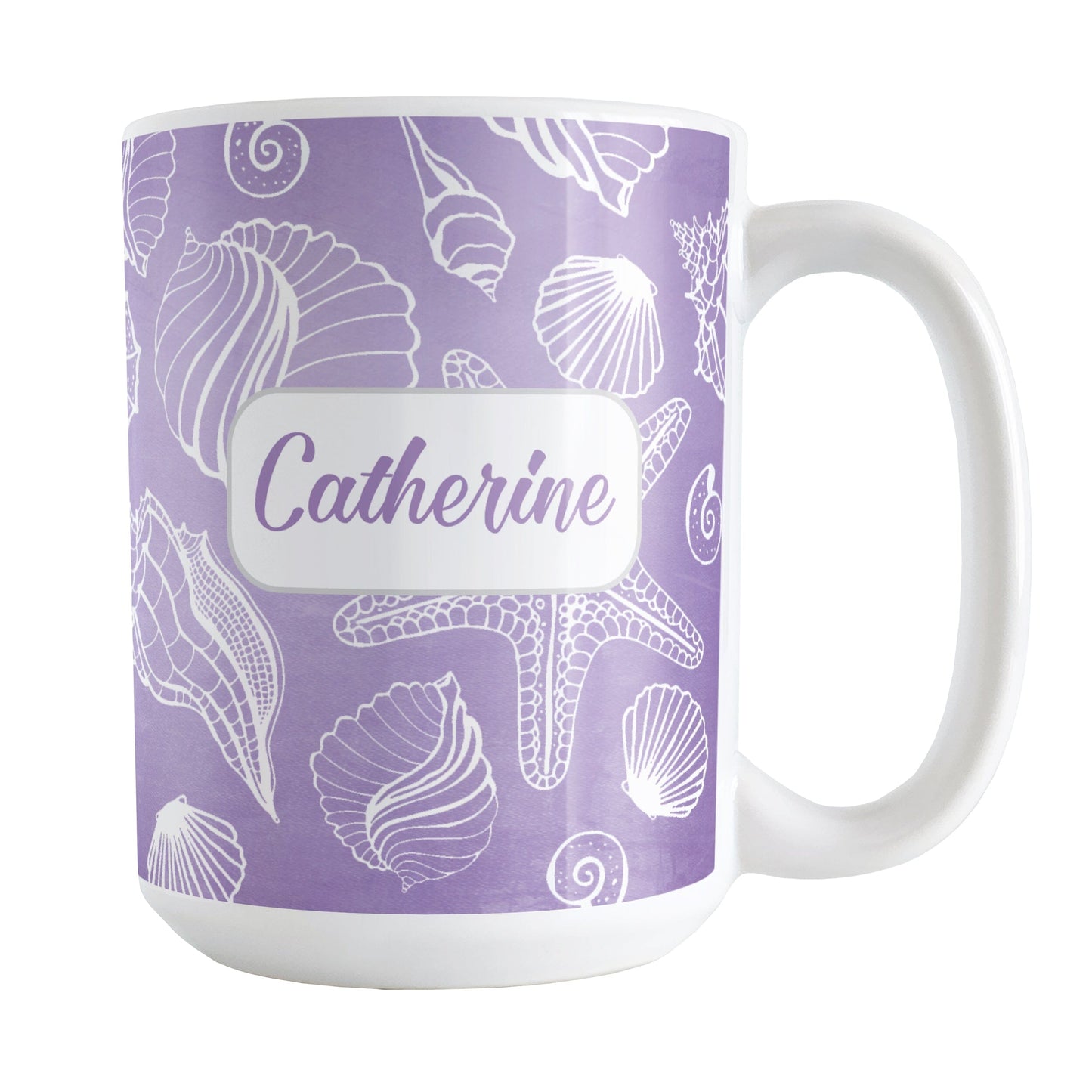 Personalized White Seashell Pattern Purple Beach Mug (15oz) at Amy's Coffee Mugs. A ceramic coffee mug designed with a white seashell line drawing pattern over a purple background that wraps around the mug up to the handle. Your name is personalized on this beach house mug over the purple seashell pattern.