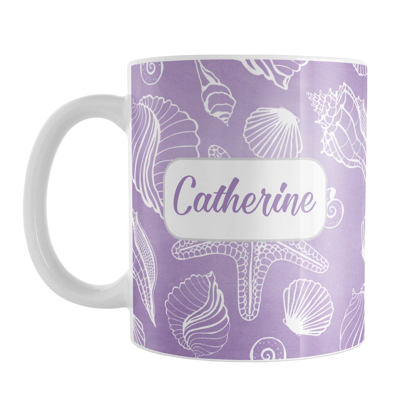 Personalized White Seashell Pattern Purple Beach Mug (11oz) at Amy's Coffee Mugs. A ceramic coffee mug designed with a white seashell line drawing pattern over a purple background that wraps around the mug up to the handle. Your name is personalized on this beach house mug over the purple seashell pattern.