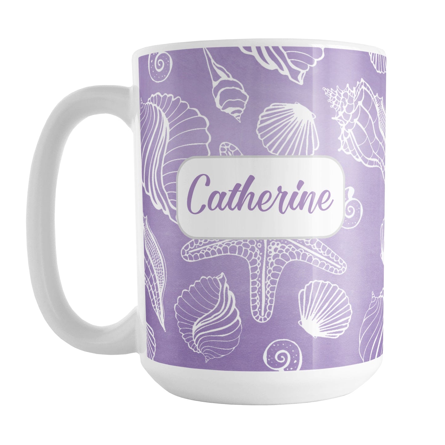 Personalized White Seashell Pattern Purple Beach Mug (15oz) at Amy's Coffee Mugs. A ceramic coffee mug designed with a white seashell line drawing pattern over a purple background that wraps around the mug up to the handle. Your name is personalized on this beach house mug over the purple seashell pattern.
