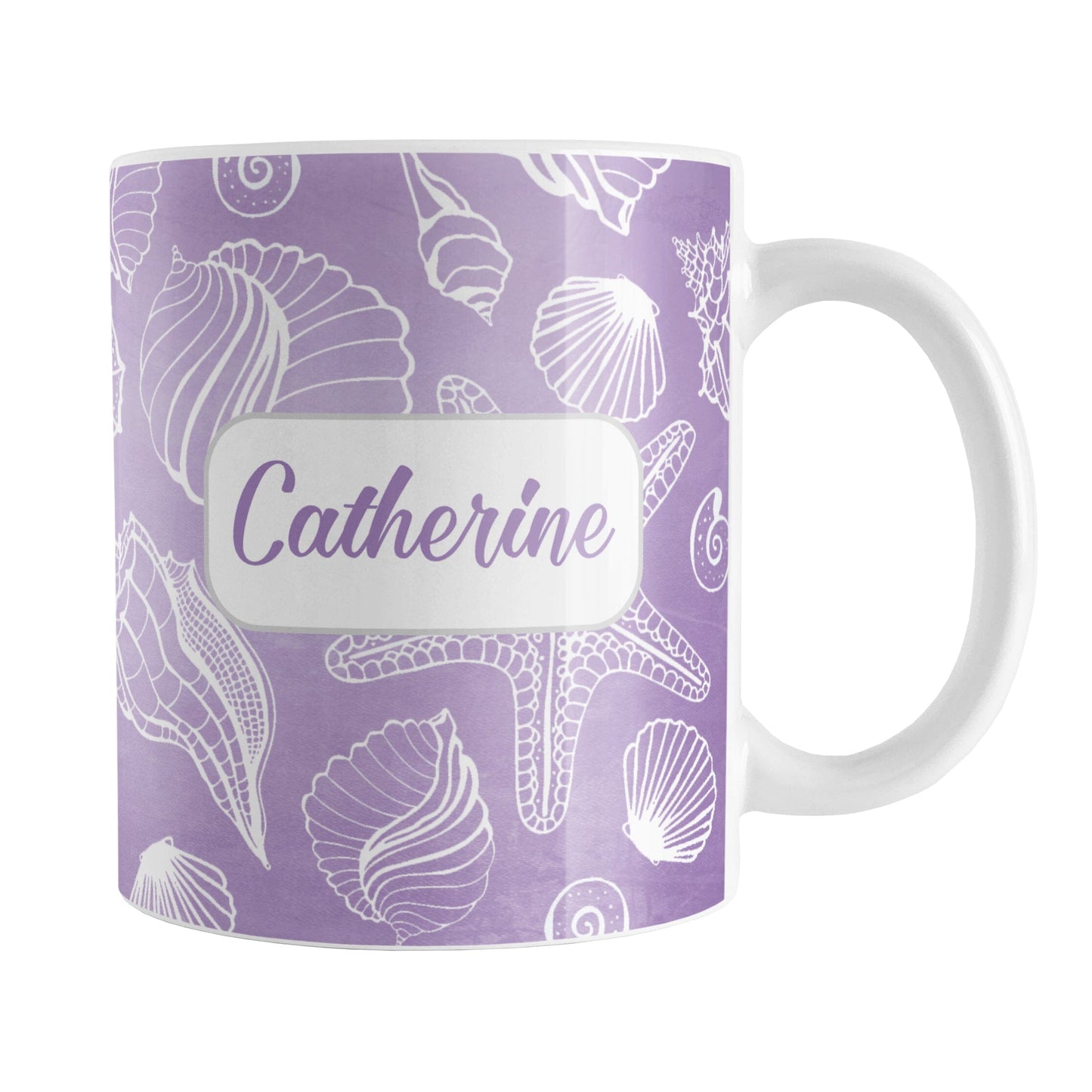 Personalized White Seashell Pattern Purple Beach Mug (11oz) at Amy's Coffee Mugs. A ceramic coffee mug designed with a white seashell line drawing pattern over a purple background that wraps around the mug up to the handle. Your name is personalized on this beach house mug over the purple seashell pattern.