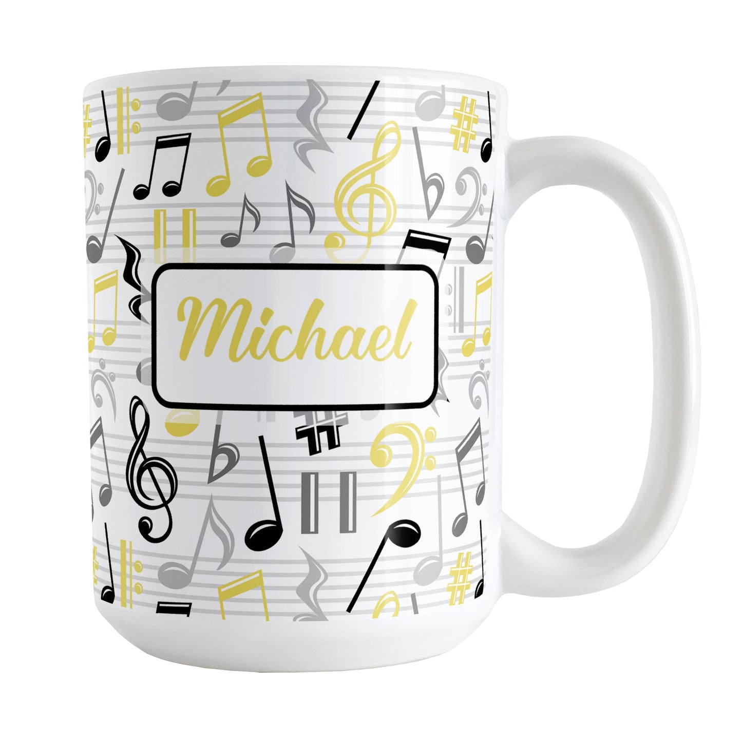 Personalized Yellow Music Notes Pattern Mug (15oz) at Amy's Coffee Mugs. A ceramic coffee mug designed with music notes and symbols in yellow, black, and gray in a pattern that wraps around the mug to the handle. Your personalized name is custom printed in a yellow script font on white over the music pattern design on both sides of the mug.