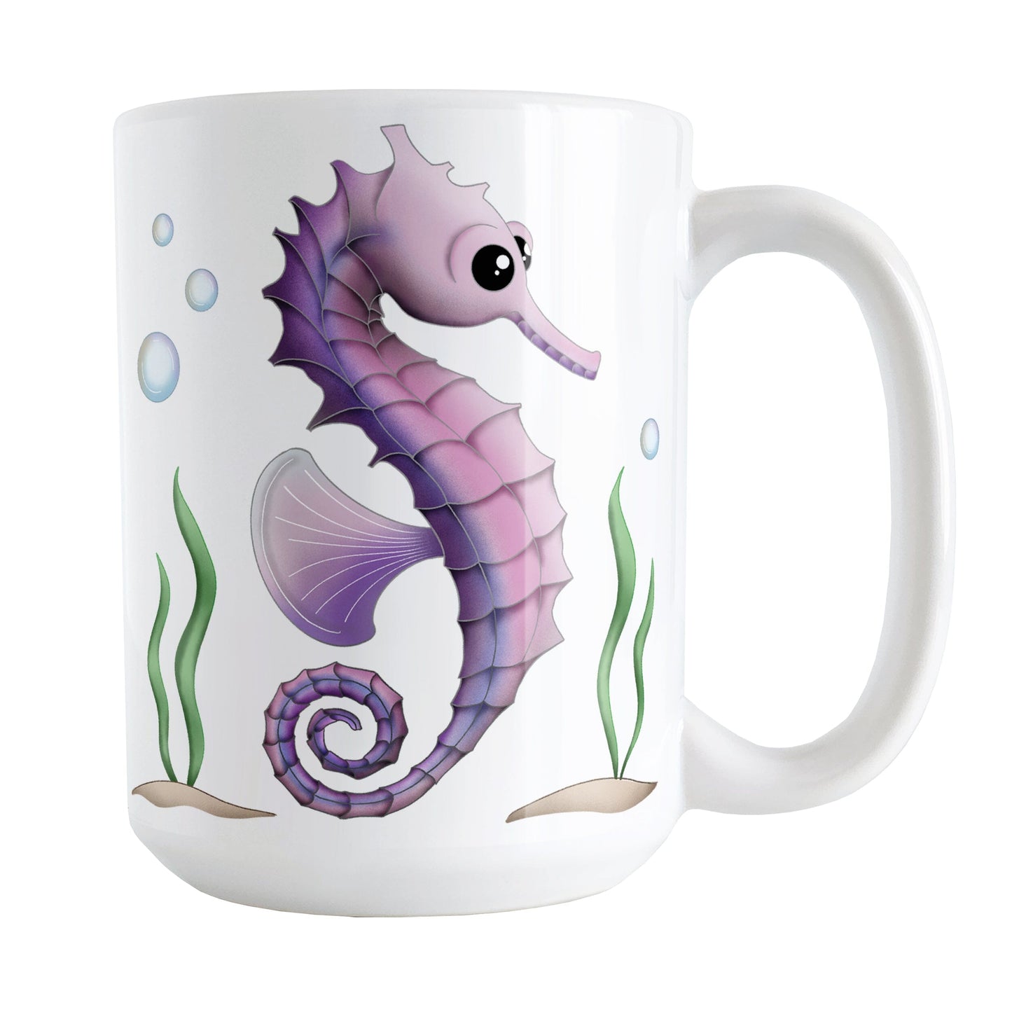 Pink and Purple Seahorse Mug (15oz) at Amy's Coffee Mugs. A ceramic coffee mug designed with an illustration of a pink and purple seahorse with seaweed and bubbles on both sides of the mug.