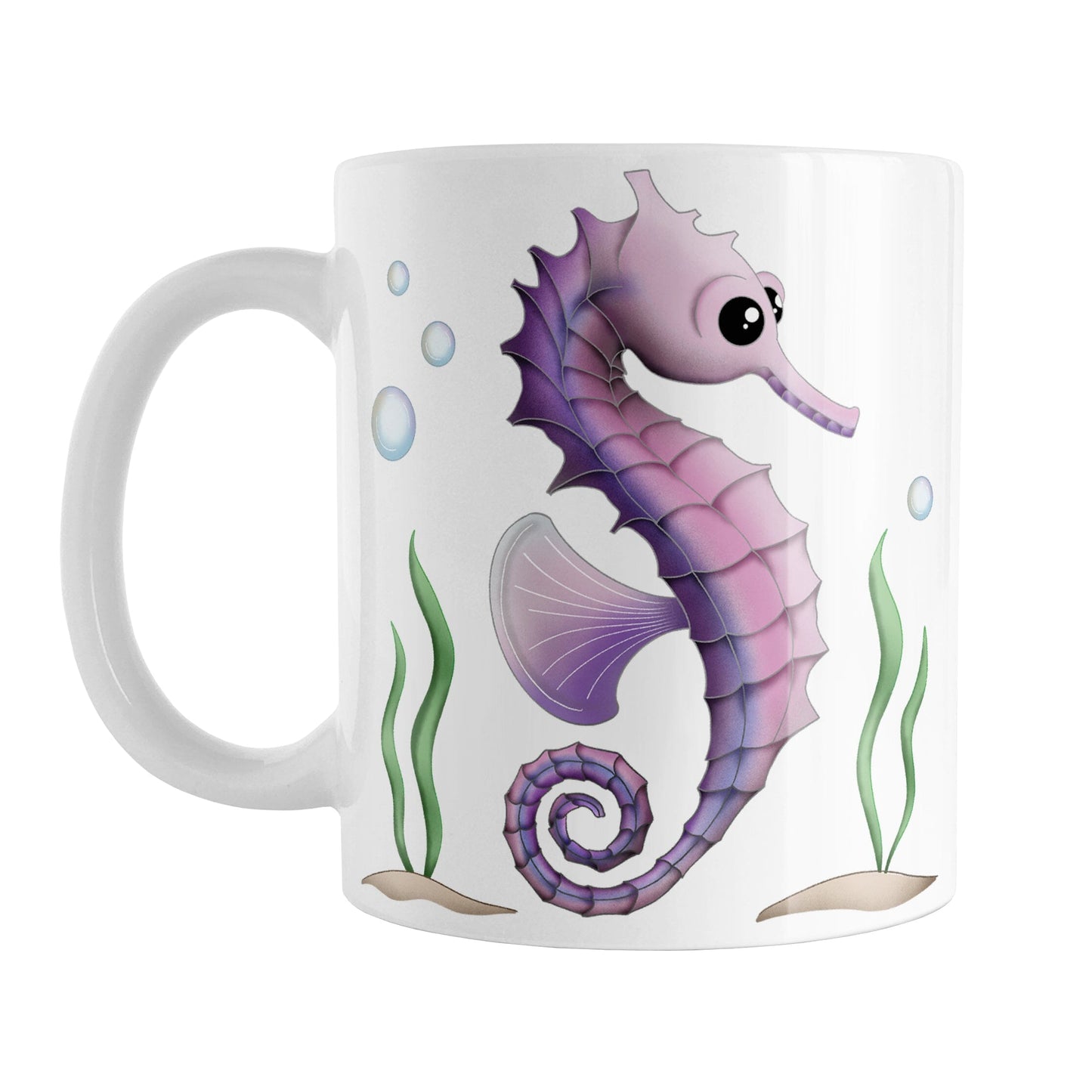 Pink and Purple Seahorse Mug (11oz) at Amy's Coffee Mugs. A ceramic coffee mug designed with an illustration of a pink and purple seahorse with seaweed and bubbles on both sides of the mug.