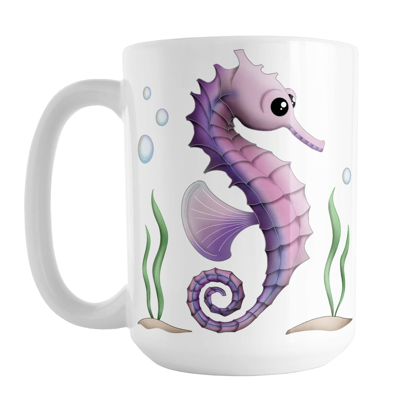 Pink and Purple Seahorse Mug (15oz) at Amy's Coffee Mugs. A ceramic coffee mug designed with an illustration of a pink and purple seahorse with seaweed and bubbles on both sides of the mug.