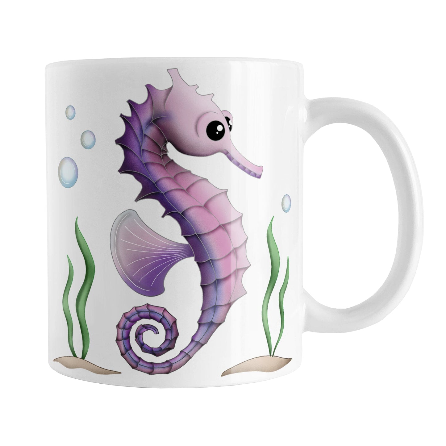 Pink and Purple Seahorse Mug (11oz) at Amy's Coffee Mugs. A ceramic coffee mug designed with an illustration of a pink and purple seahorse with seaweed and bubbles on both sides of the mug.