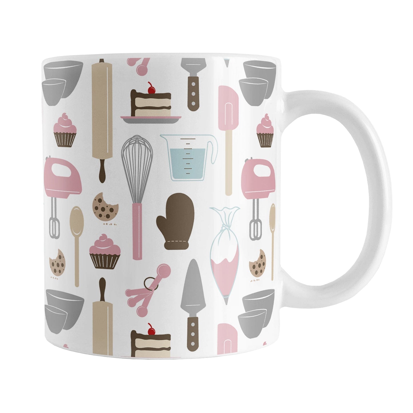 Pink Baking Pattern Mug (11oz) at Amy's Coffee Mugs. A ceramic coffee mug designed with a pattern of baking tools like spatulas, whisks, mixers, bowls, and spoons, with cookies, cupcakes, and cake all in a pink, gray, brown, and beige color scheme that wraps around the mug.