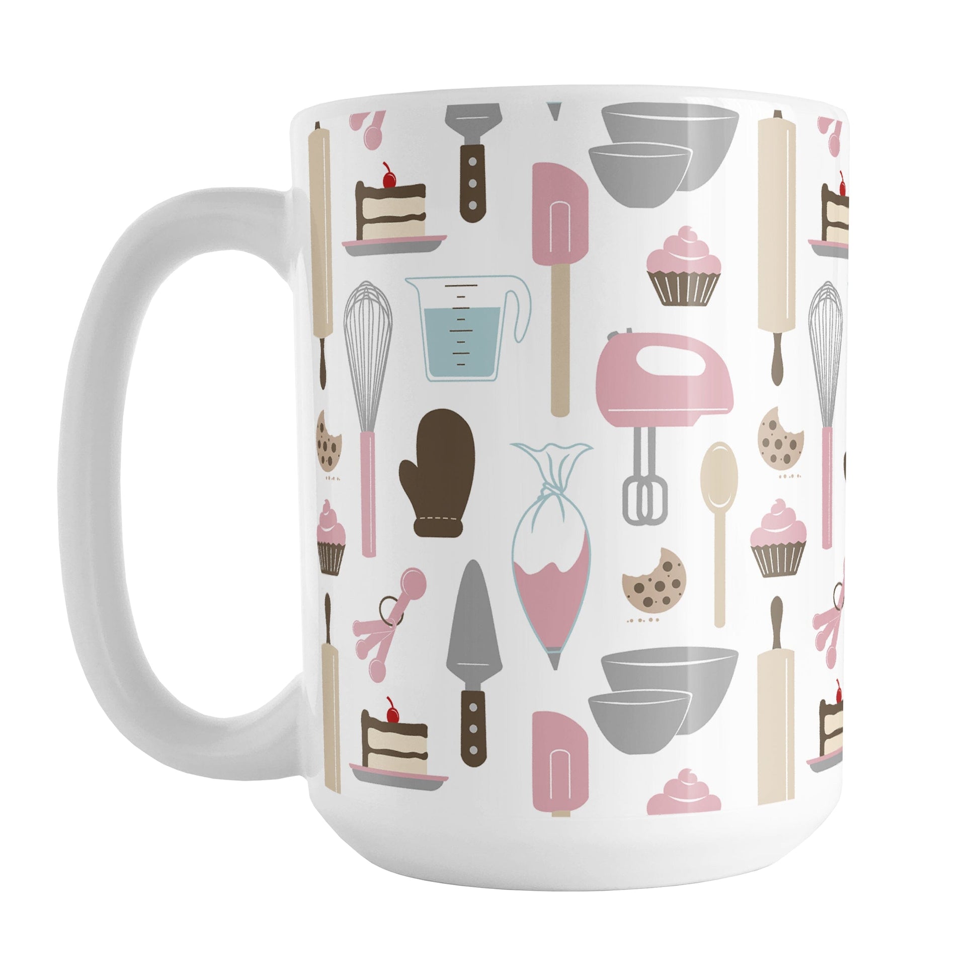 Pink Baking Pattern Mug (15oz) at Amy's Coffee Mugs. A ceramic coffee mug designed with a pattern of baking tools like spatulas, whisks, mixers, bowls, and spoons, with cookies, cupcakes, and cake all in a pink, gray, brown, and beige color scheme that wraps around the mug.