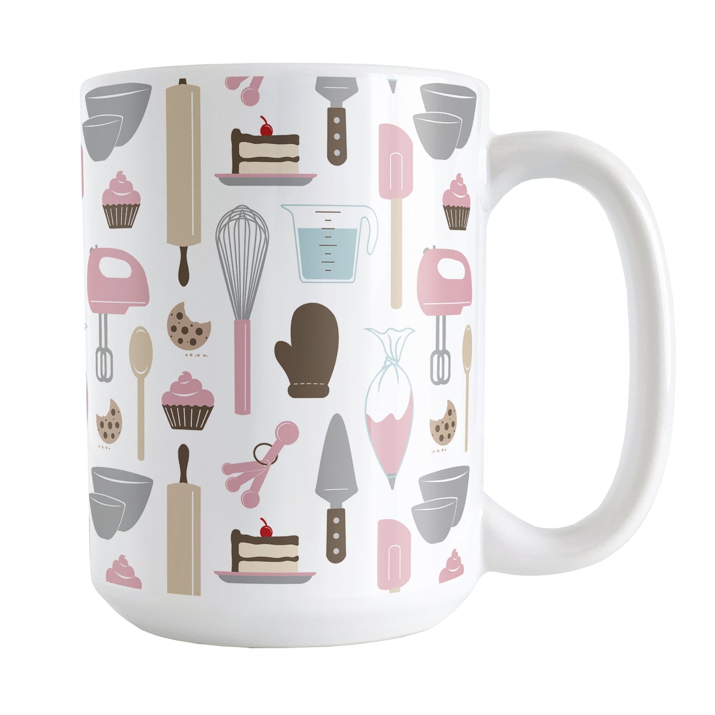 Pink Baking Pattern Mug (15oz) at Amy's Coffee Mugs. A ceramic coffee mug designed with a pattern of baking tools like spatulas, whisks, mixers, bowls, and spoons, with cookies, cupcakes, and cake all in a pink, gray, brown, and beige color scheme that wraps around the mug.