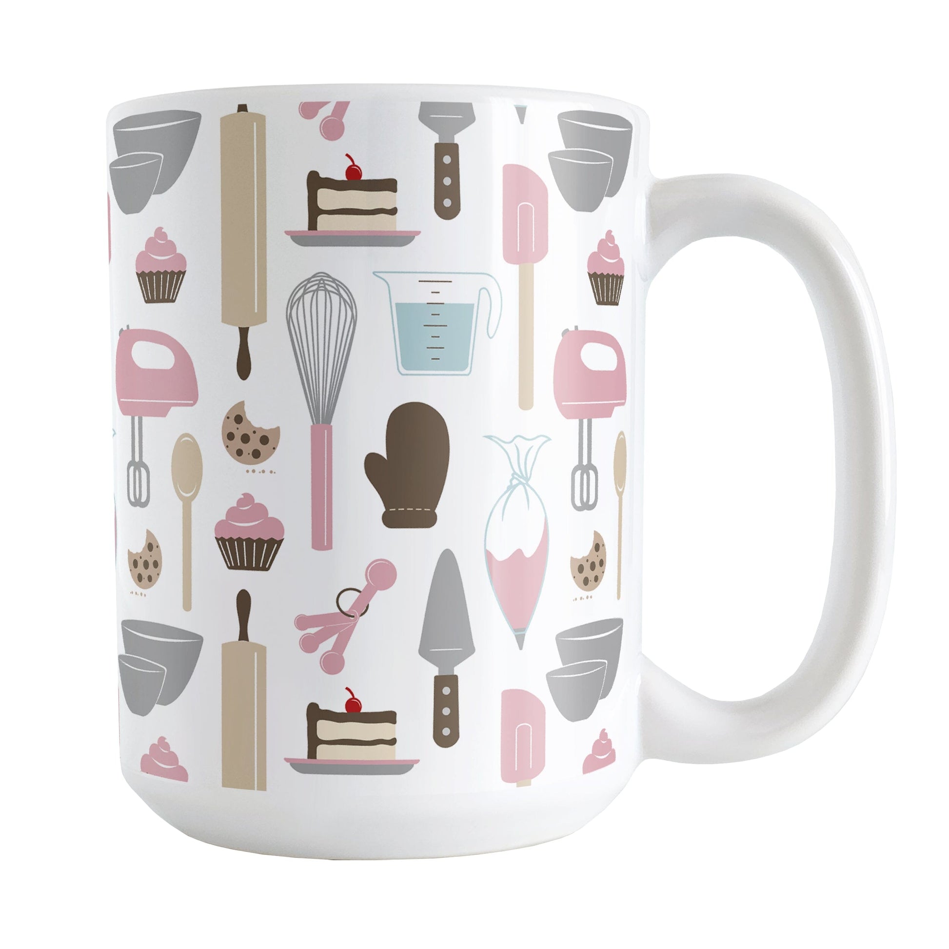 Pink Baking Pattern Mug (15oz) at Amy's Coffee Mugs. A ceramic coffee mug designed with a pattern of baking tools like spatulas, whisks, mixers, bowls, and spoons, with cookies, cupcakes, and cake all in a pink, gray, brown, and beige color scheme that wraps around the mug.