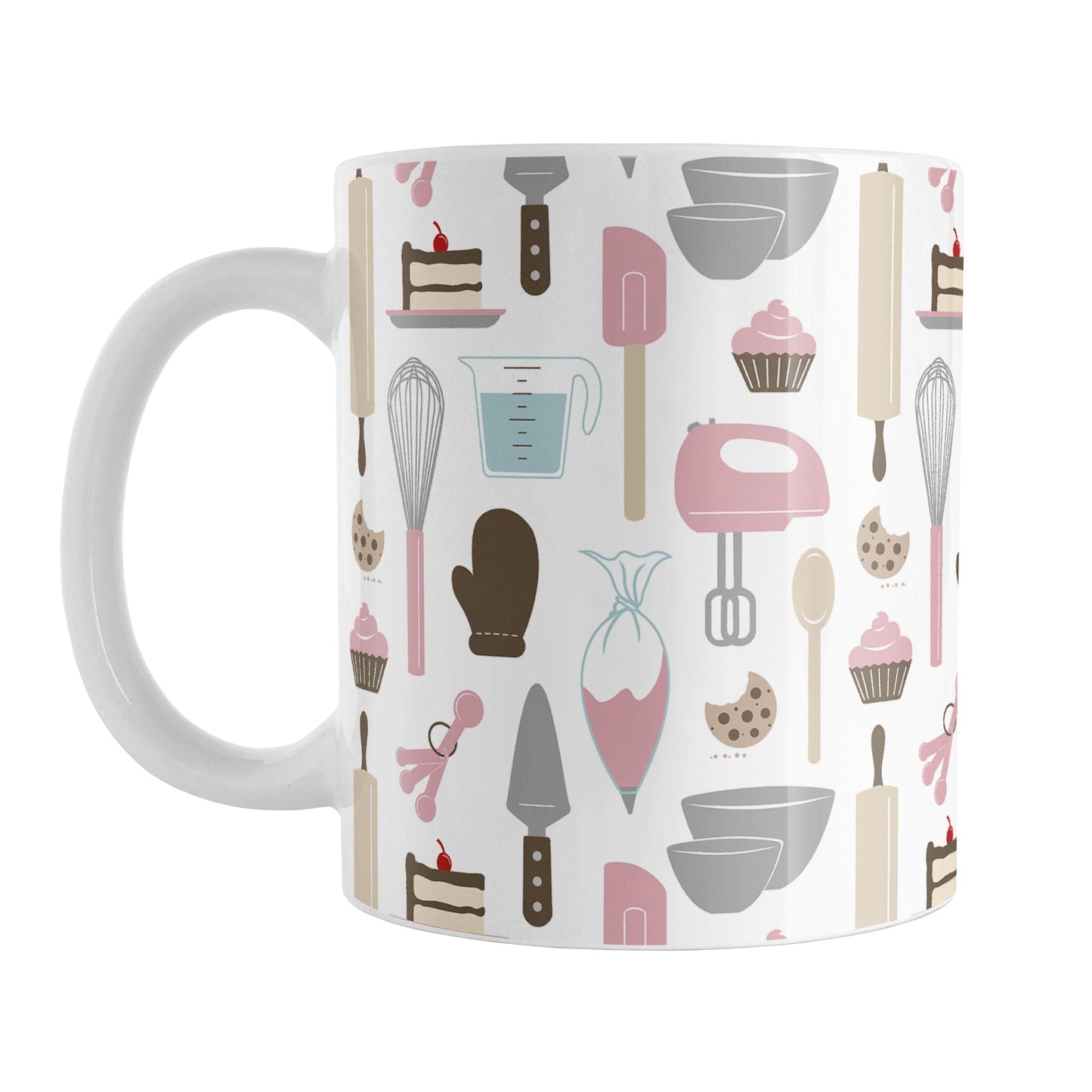 Pink Baking Pattern Mug (11oz) at Amy's Coffee Mugs. A ceramic coffee mug designed with a pattern of baking tools like spatulas, whisks, mixers, bowls, and spoons, with cookies, cupcakes, and cake all in a pink, gray, brown, and beige color scheme that wraps around the mug.