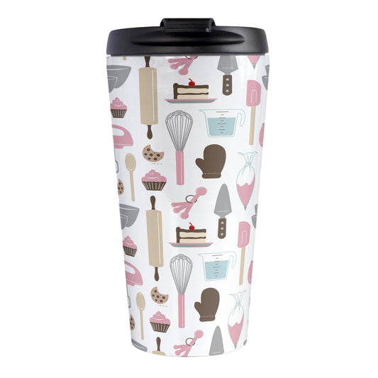 Pink Baking Pattern Travel Mug (15oz) at Amy's Coffee Mugs. A stainless steel travel mug designed with a pattern of baking tools like spatulas, whisks, mixers, bowls, and spoons, with cookies, cupcakes, and cake all in a pink, gray, brown, and beige color scheme that wraps around the travel mug.