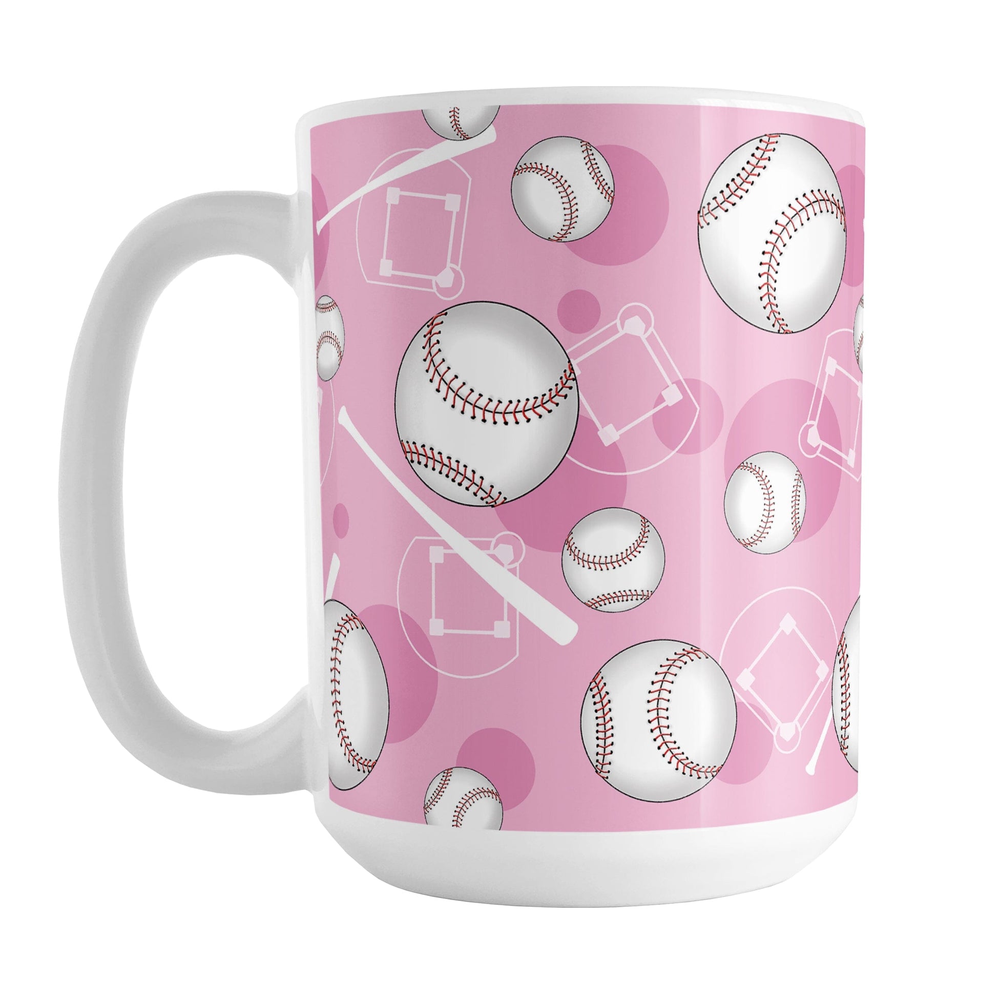 Pink Baseball Pattern Mug (15oz) at Amy's Coffee Mugs. A ceramic coffee mug designed with a pattern of baseballs, baseball diamonds, baseball bats, and pink circles over a light pink background color that wraps around the mug up to the handle.