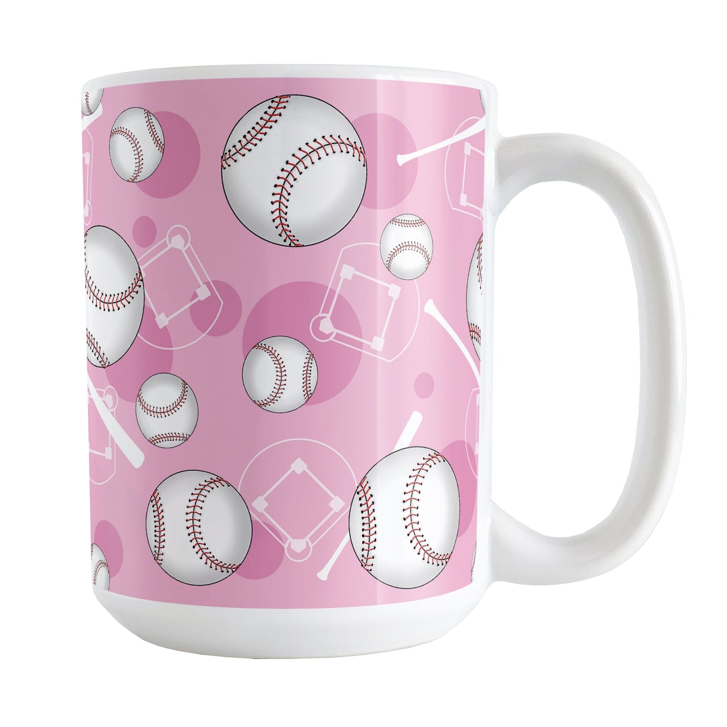 Pink Baseball Pattern Mug (15oz) at Amy's Coffee Mugs. A ceramic coffee mug designed with a pattern of baseballs, baseball diamonds, baseball bats, and pink circles over a light pink background color that wraps around the mug up to the handle.
