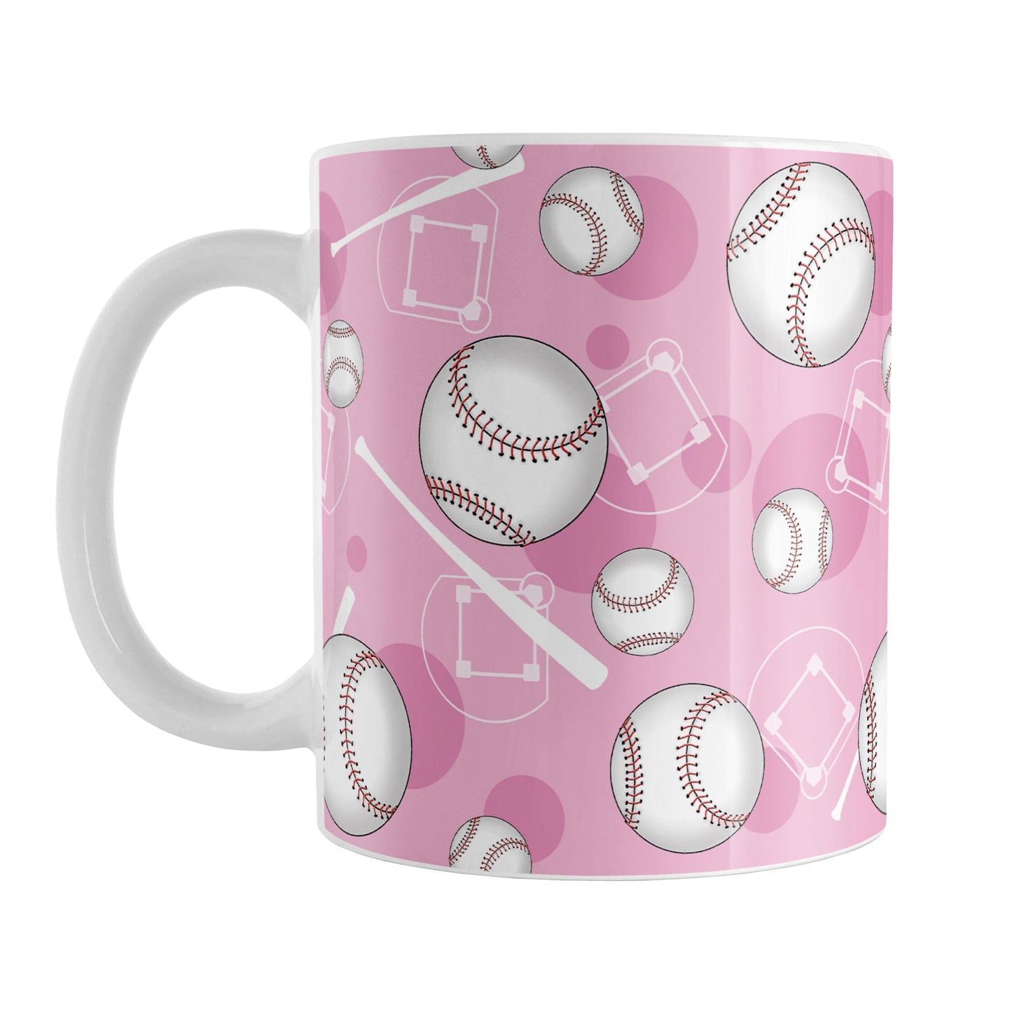 Pink Baseball Pattern Mug (11oz) at Amy's Coffee Mugs. A ceramic coffee mug designed with a pattern of baseballs, baseball diamonds, baseball bats, and pink circles over a light pink background color that wraps around the mug up to the handle.