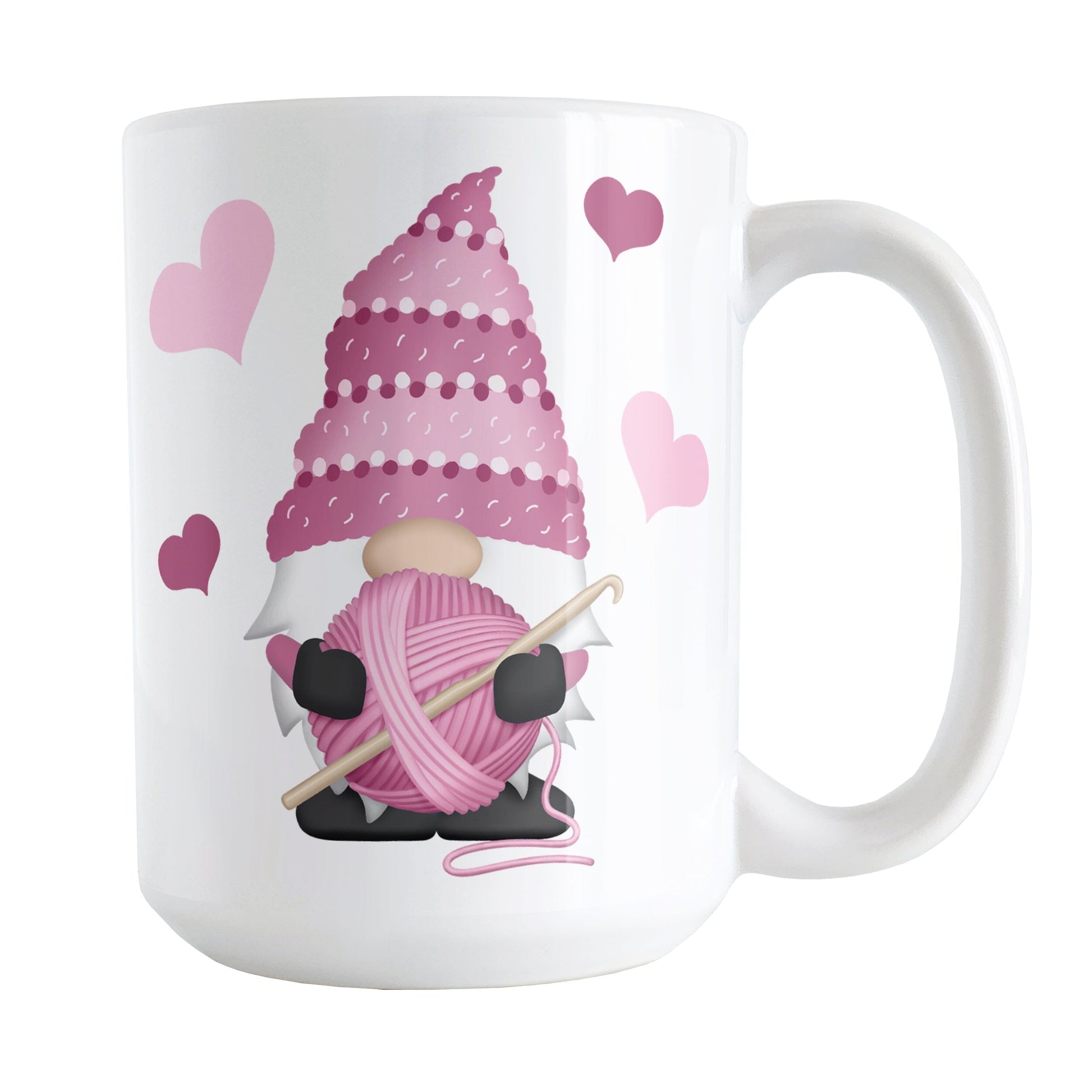 Pink Crochet Gnome Mug (15oz) at Amy's Coffee Mugs. A ceramic coffee mug designed with a cute gnome wearing a pink crochet hat while holding a ball of pink yarn and a crochet hook with pink hearts around him. This adorable crochet gnome illustration is on both sides of the mug.