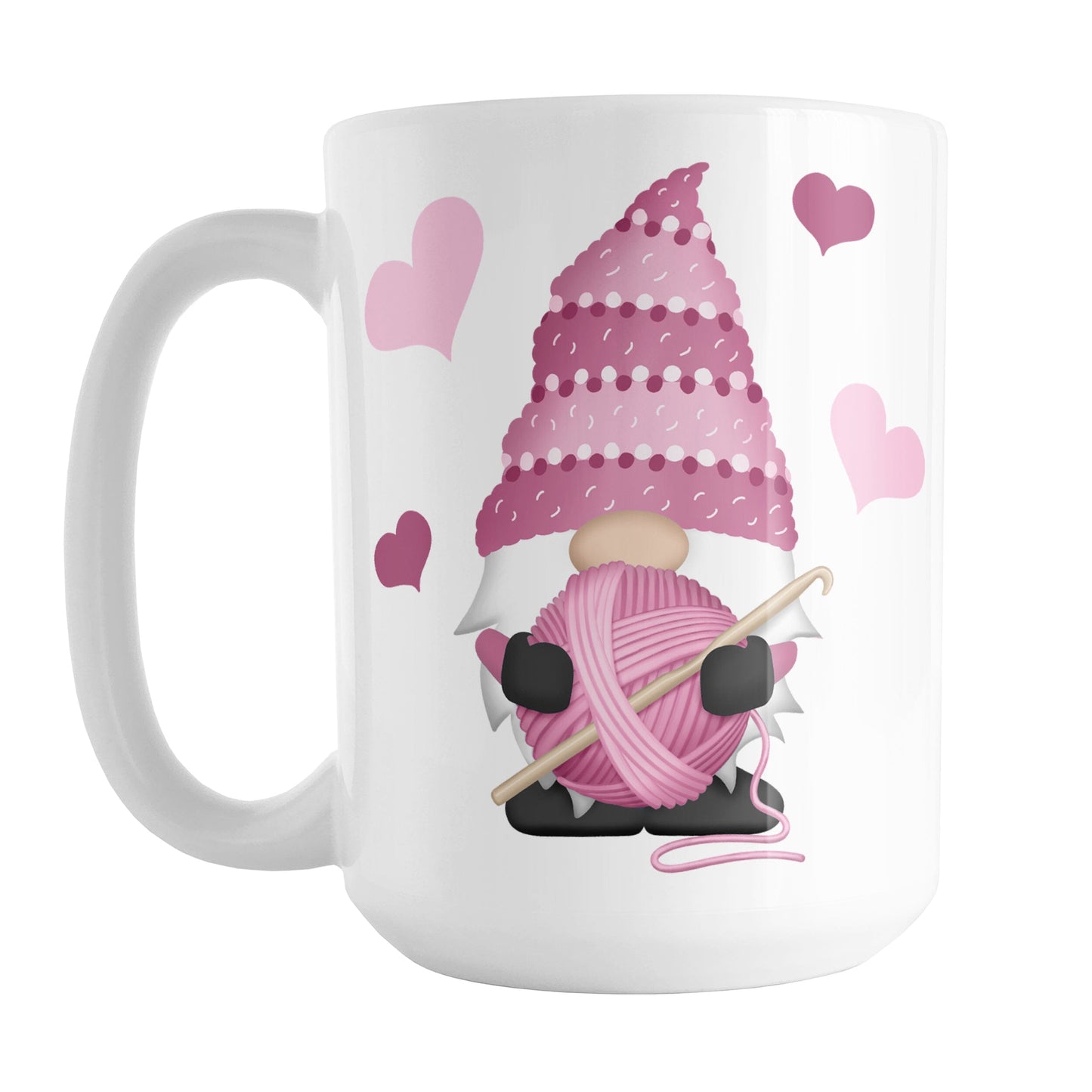 Pink Crochet Gnome Mug (15oz) at Amy's Coffee Mugs. A ceramic coffee mug designed with a cute gnome wearing a pink crochet hat while holding a ball of pink yarn and a crochet hook with pink hearts around him. This adorable crochet gnome illustration is on both sides of the mug.