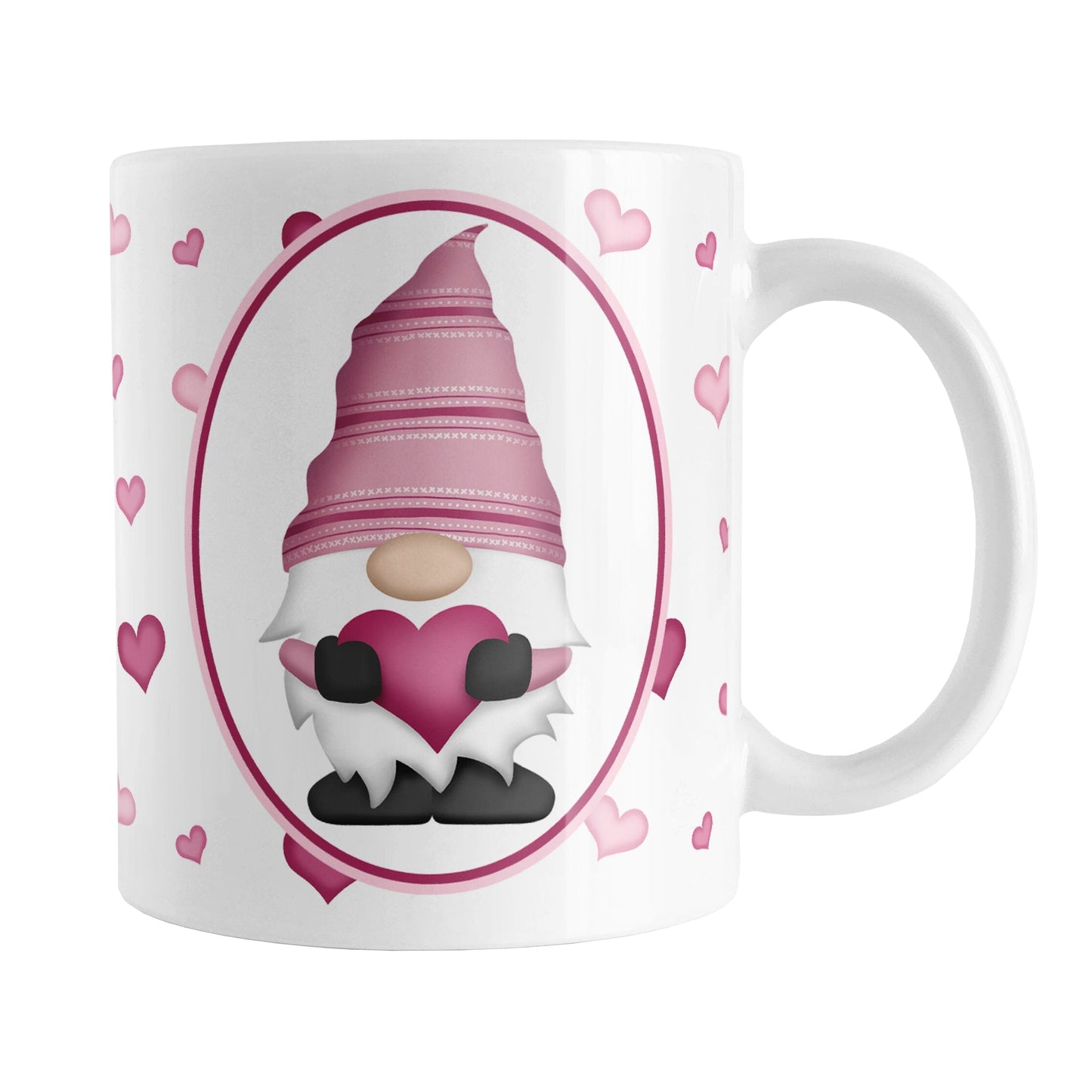 Pink Gnome Dainty Hearts Mug (11oz) at Amy's Coffee Mugs. A ceramic coffee mug designed with an adorable pink gnome in a white oval on both sides of the mug over a pattern of cute dainty hearts in different shades of pink that wrap around the mug to the handle.