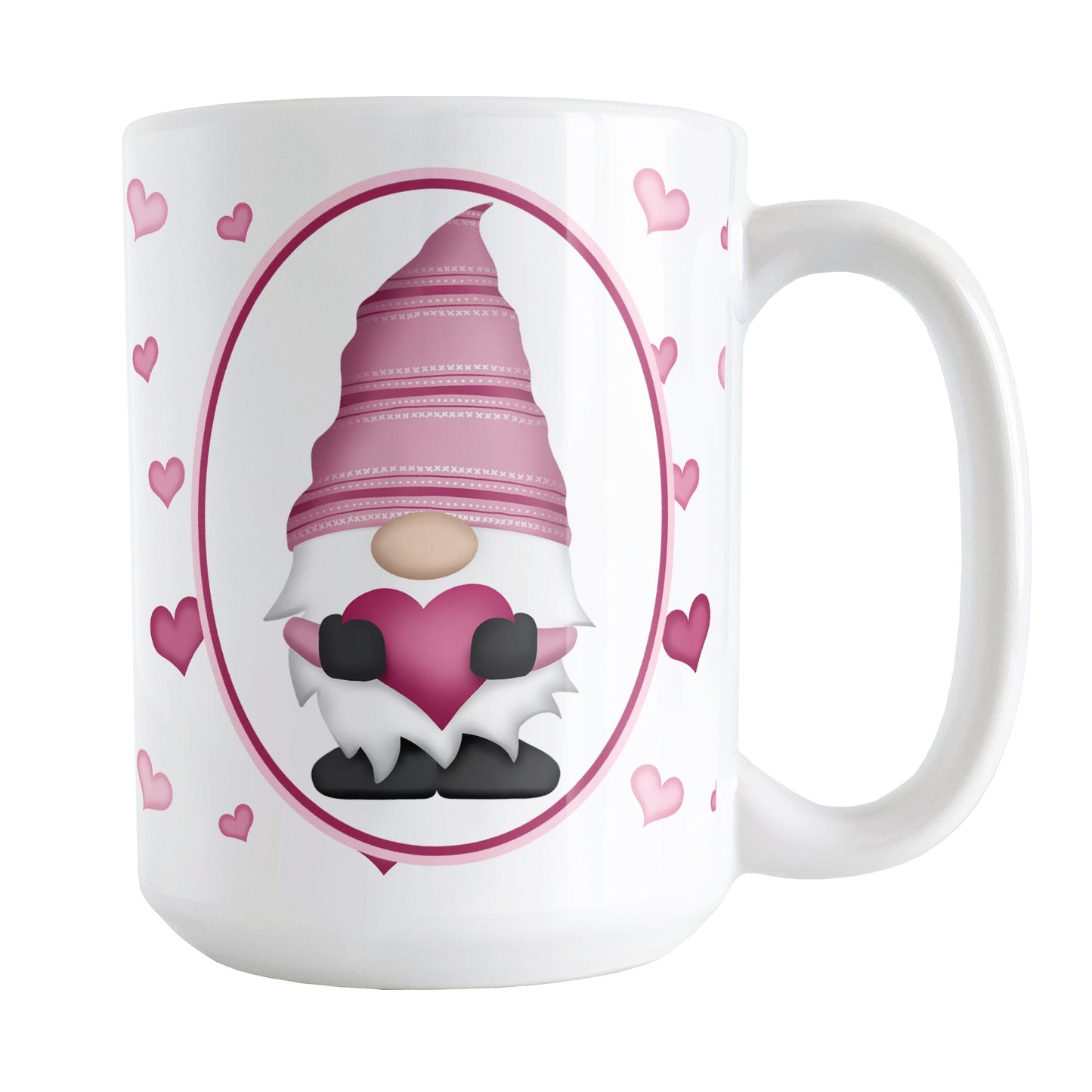 Pink Gnome Dainty Hearts Mug (15oz) at Amy's Coffee Mugs. A ceramic coffee mug designed with an adorable pink gnome in a white oval on both sides of the mug over a pattern of cute dainty hearts in different shades of pink that wrap around the mug to the handle.