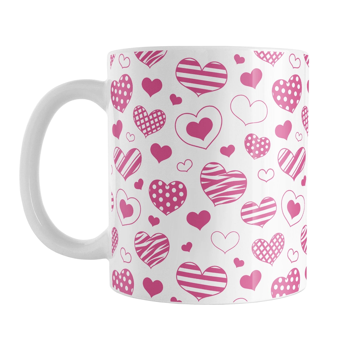Pink Heart Doodles Mug (11oz) at Amy's Coffee Mugs. A ceramic coffee mug designed with hand-drawn pink heart doodles in a pattern that wraps around the cup. This cute heart pattern is perfect for Valentine's Day or for anyone who loves hearts and young-at-heart drawings.
