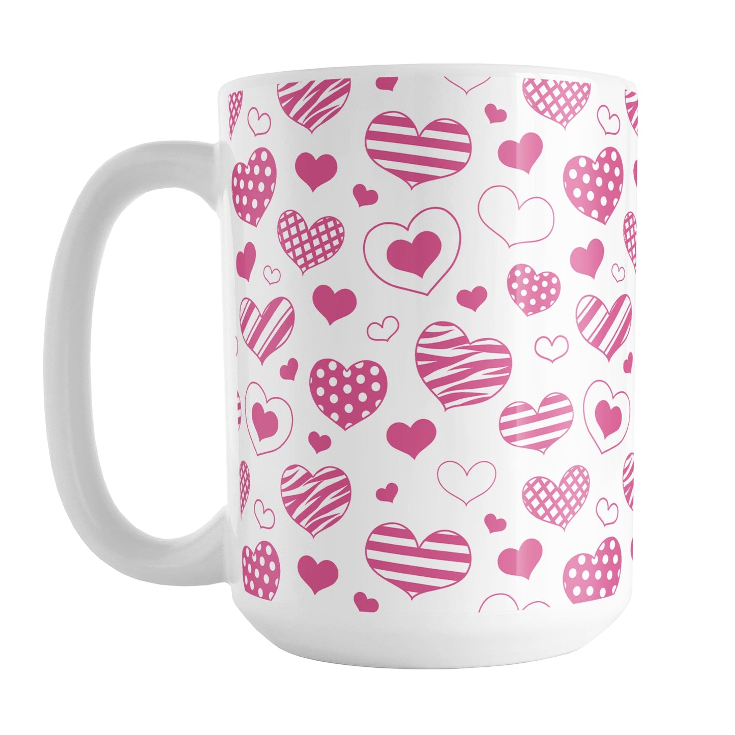 Pink Heart Doodles Mug (15oz) at Amy's Coffee Mugs. A ceramic coffee mug designed with hand-drawn pink heart doodles in a pattern that wraps around the cup. This cute heart pattern is perfect for Valentine's Day or for anyone who loves hearts and young-at-heart drawings.