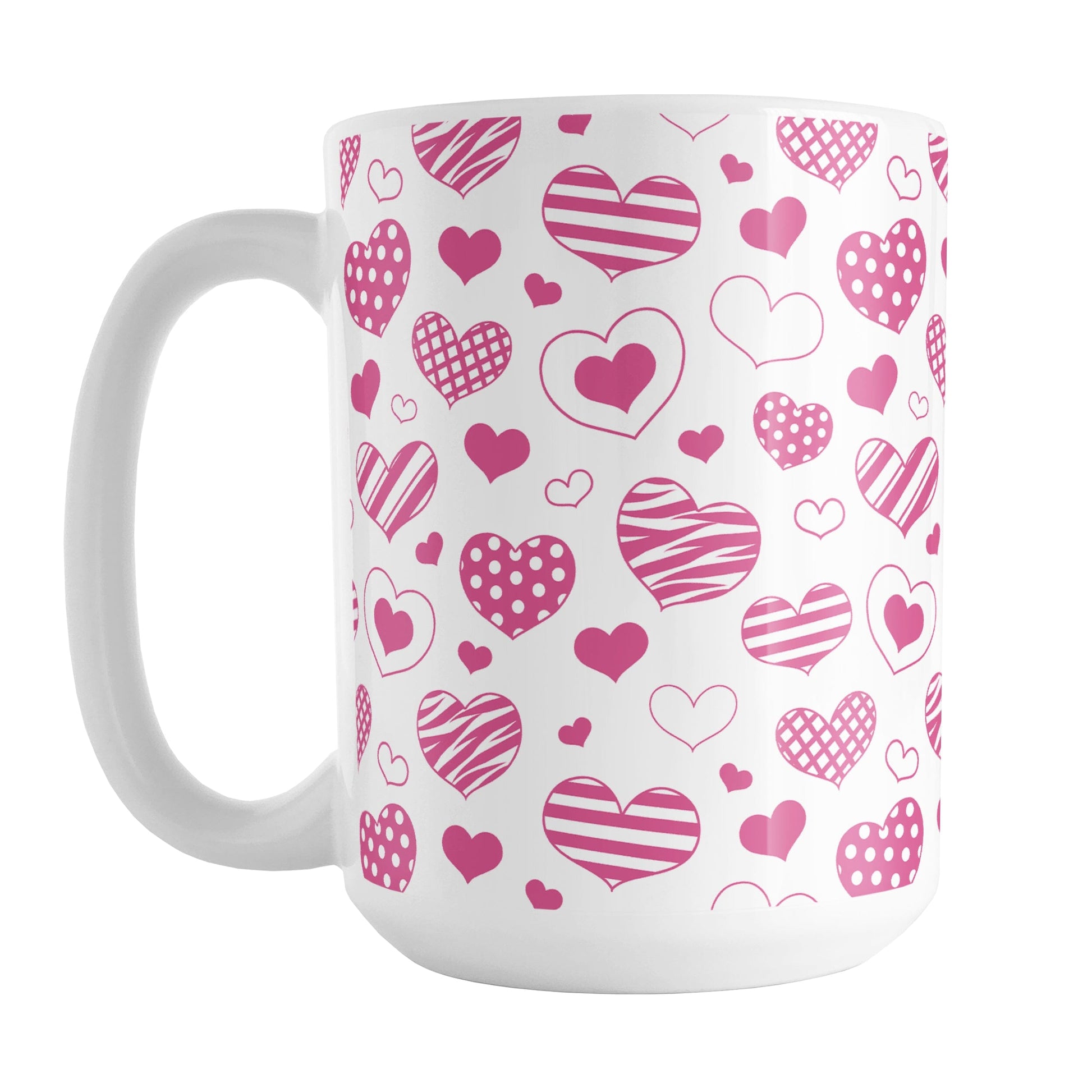 Pink Heart Doodles Mug (15oz) at Amy's Coffee Mugs. A ceramic coffee mug designed with hand-drawn pink heart doodles in a pattern that wraps around the cup. This cute heart pattern is perfect for Valentine's Day or for anyone who loves hearts and young-at-heart drawings.