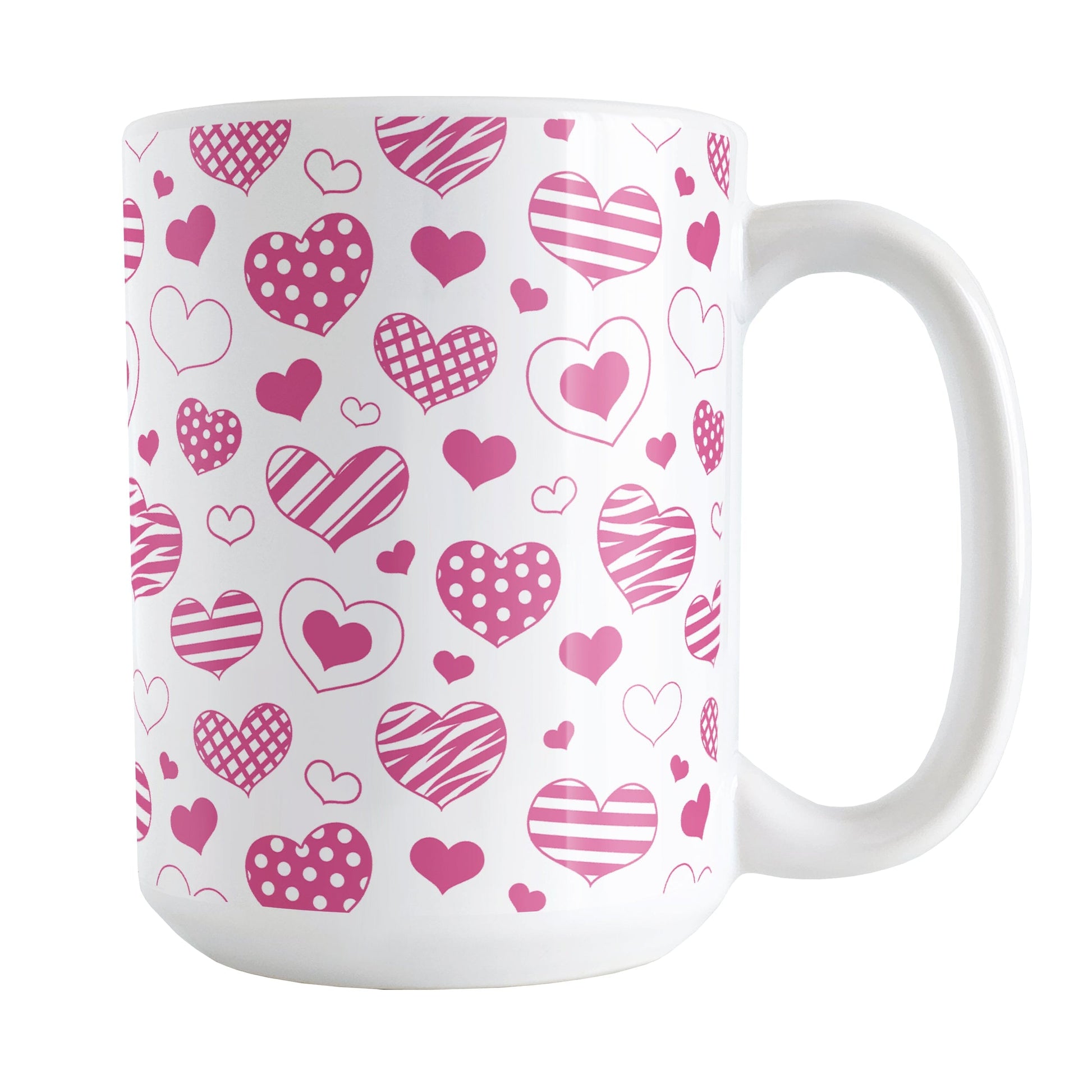 Pink Heart Doodles Mug (15oz) at Amy's Coffee Mugs. A ceramic coffee mug designed with hand-drawn pink heart doodles in a pattern that wraps around the cup. This cute heart pattern is perfect for Valentine's Day or for anyone who loves hearts and young-at-heart drawings.