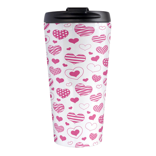 Pink Heart Doodles Travel Mug (15oz) at Amy's Coffee Mugs. A stainless steel travel mug designed with hand-drawn pink heart doodles in a pattern that wraps around the travel mug. This cute heart pattern is perfect for Valentine's Day or for anyone who loves hearts and young-at-heart drawings.