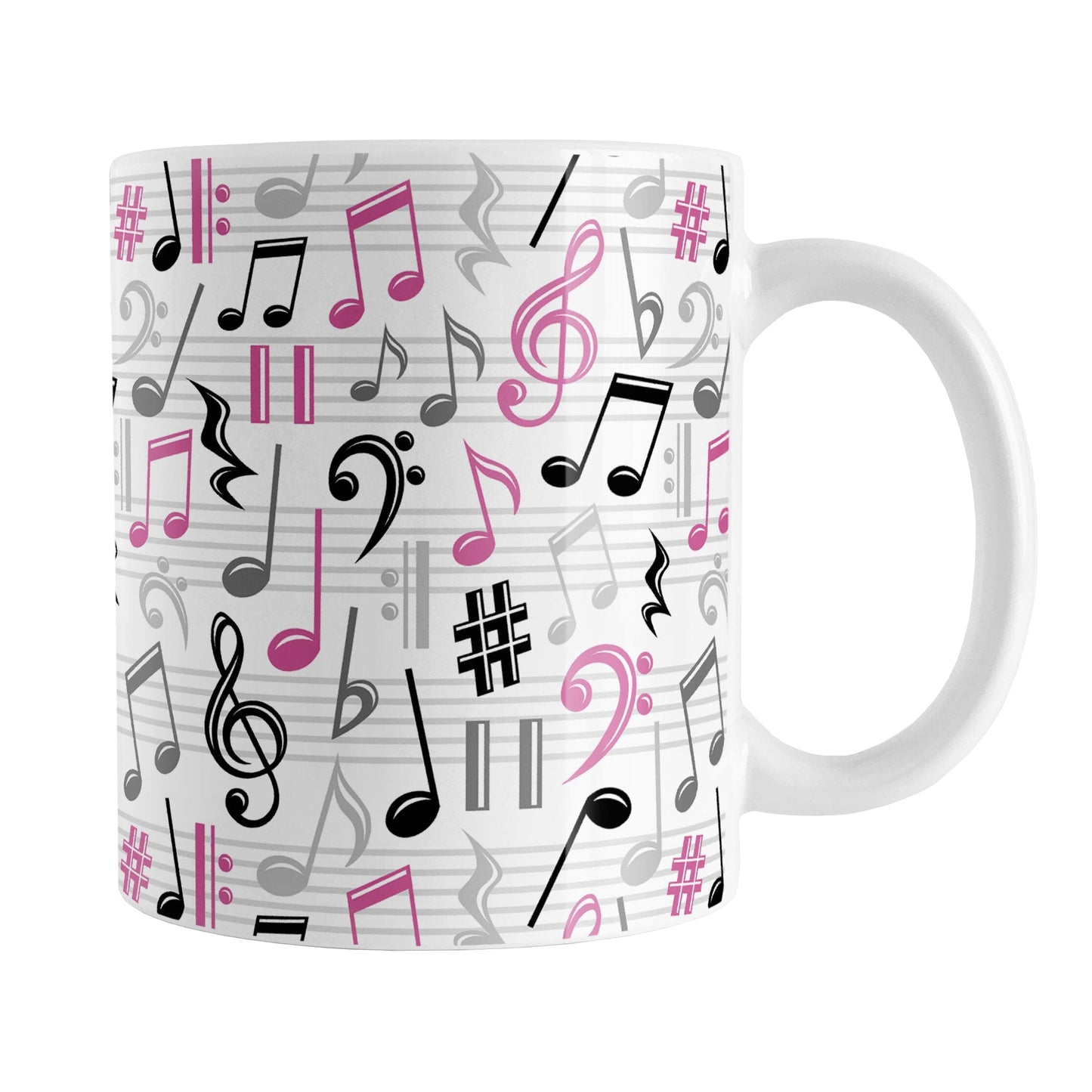 Pink Music Notes Pattern Mug (11oz) at Amy's Coffee Mugs. A ceramic coffee mug designed with music notes and symbols in pink, black, and gray in a pattern that wraps around the mug to the handle.