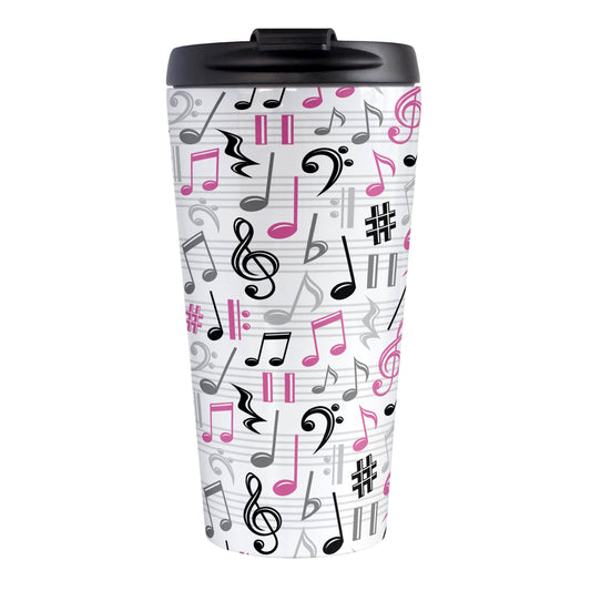 Pink Music Notes Pattern Travel Mug (15oz) at Amy's Coffee Mugs. A stainless steel travel mug designed with music notes and symbols in pink, black, and gray in a pattern that wraps around the travel mug.