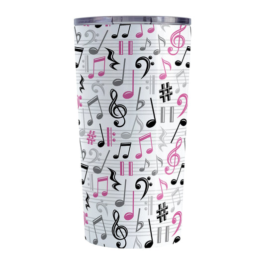 Pink Music Notes Pattern Tumbler Cup (20oz) at Amy's Coffee Mugs. A stainless steel tumbler cup designed with music notes and symbols in pink, black, and gray in a pattern that wraps around the cup.