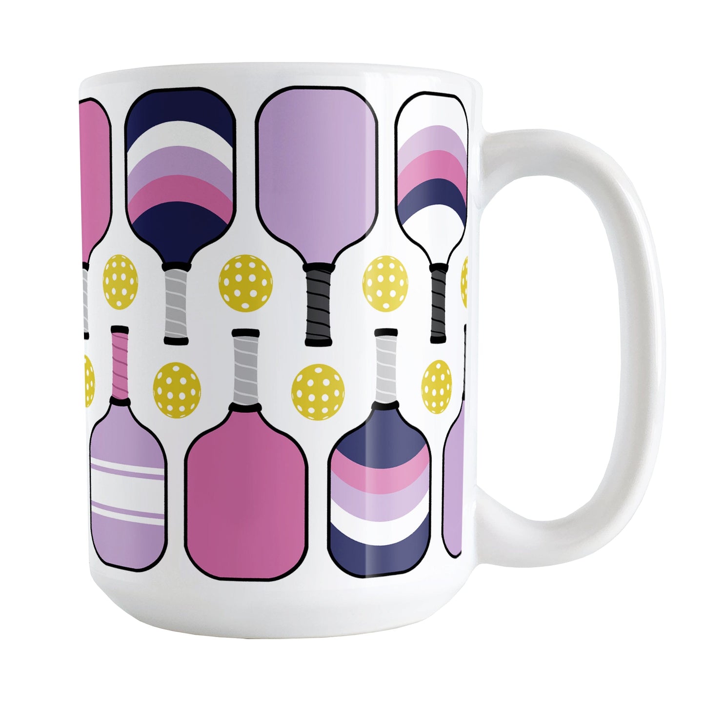 Pink Purple Navy Pickleball Mug (15oz) at Amy's Coffee Mugs. A ceramic coffee mug designed with modern pickleball paddles in bold pink, light purple, and dark navy blue, along with yellow balls in a pattern that wraps around the mug up to the handle.