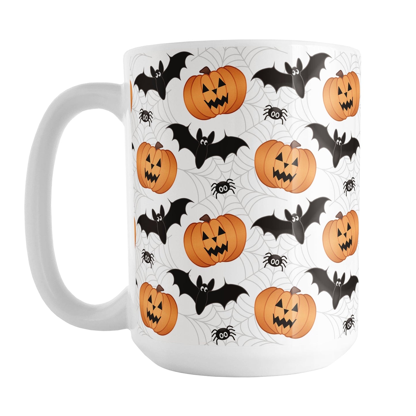 15oz white mug with Halloween-themed design featuring pumpkins, bats, and spiders on a white background