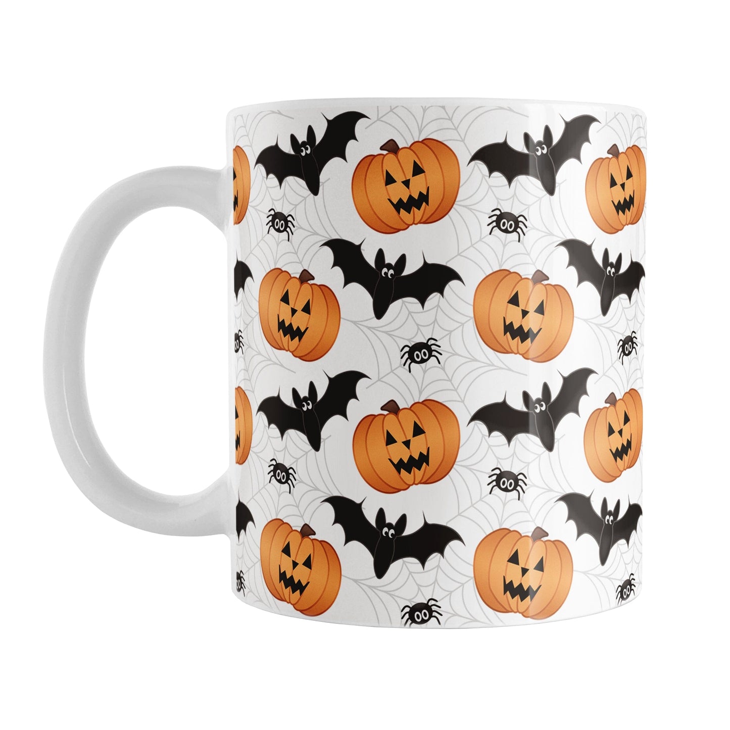 11oz Halloween-themed mug with pumpkins, bats, and spiders on a white background