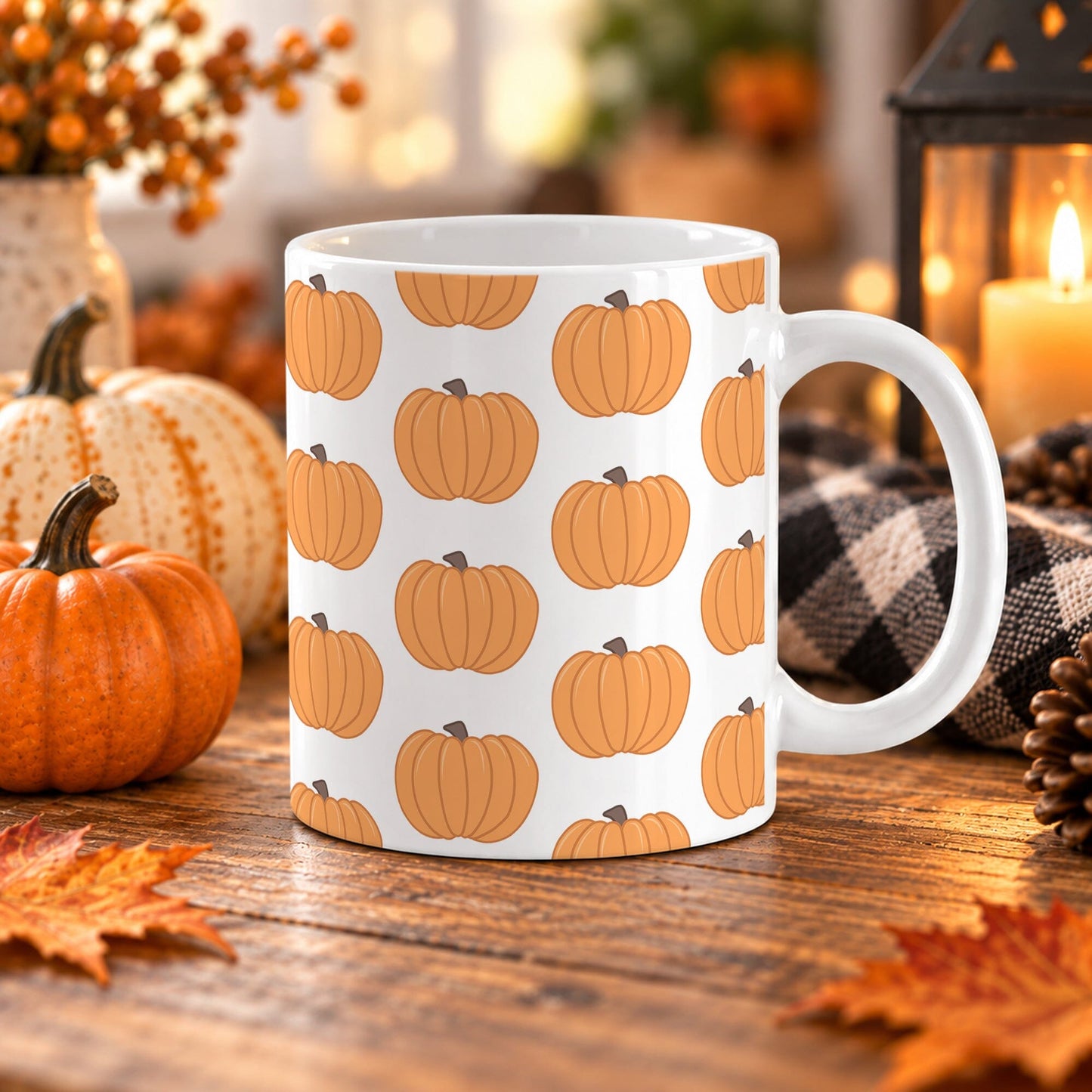 11 oz fall coffee mug with repeating illustrated orange pumpkin pattern on a white ceramic background, shown on a wooden table with fall decor around it.