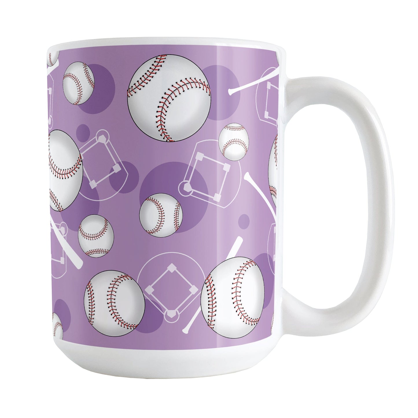Purple Baseball Pattern Mug (15oz) at Amy's Coffee Mugs. A ceramic coffee mug designed with a pattern of baseballs, baseball diamonds, baseball bats, and purple circles over a light purple background color that wraps around the mug up to the handle.