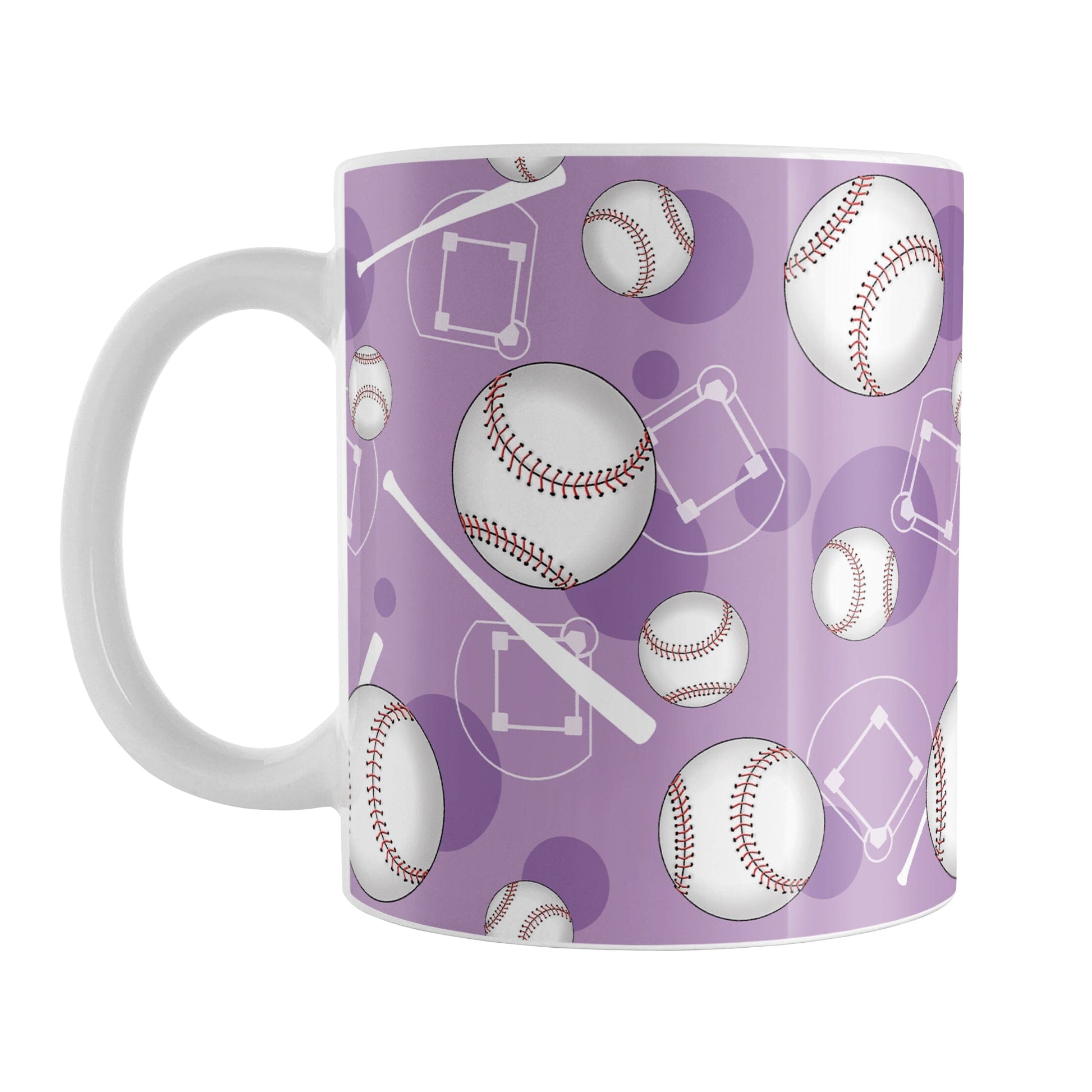 Purple Baseball Pattern Mug (11oz) at Amy's Coffee Mugs. A ceramic coffee mug designed with a pattern of baseballs, baseball diamonds, baseball bats, and purple circles over a light purple background color that wraps around the mug up to the handle.