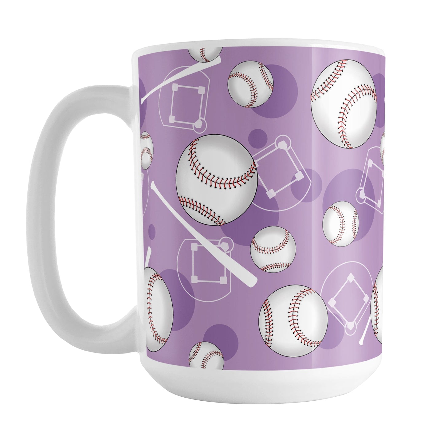 Purple Baseball Pattern Mug (15oz) at Amy's Coffee Mugs. A ceramic coffee mug designed with a pattern of baseballs, baseball diamonds, baseball bats, and purple circles over a light purple background color that wraps around the mug up to the handle.