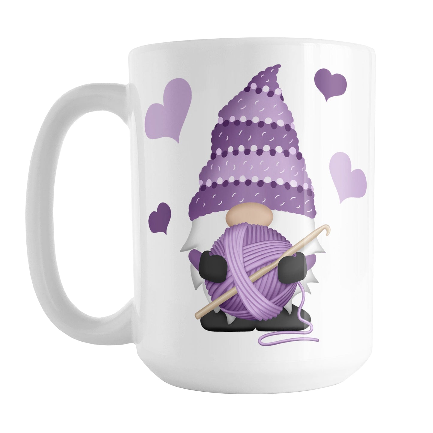 Purple Crochet Gnome Mug (15oz) at Amy's Coffee Mugs. A ceramic coffee mug designed with a cute gnome wearing a purple crochet hat while holding a ball of purple yarn and a crochet hook with purple hearts around him. This cute crochet gnome illustration is on both sides of the mug.