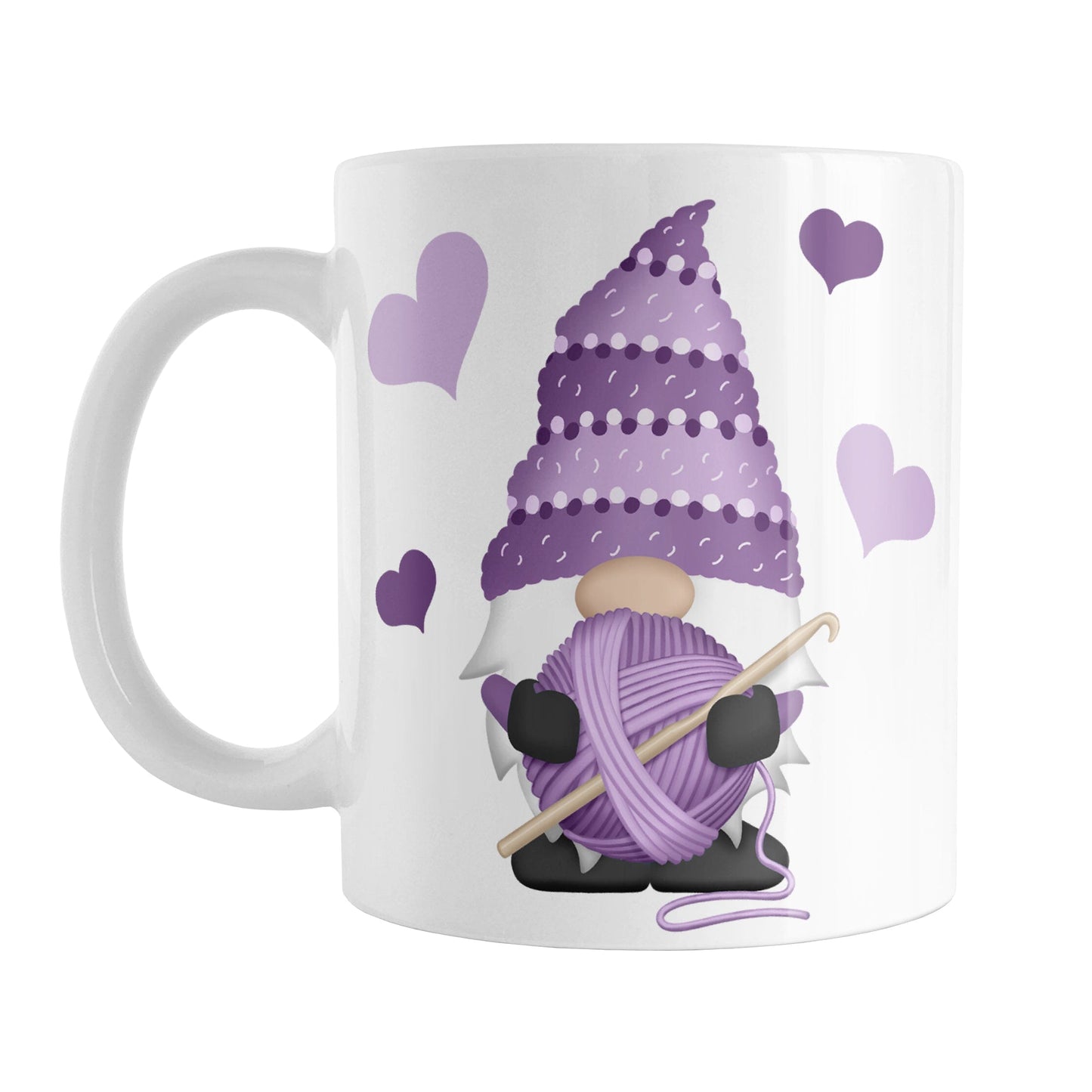 Purple Crochet Gnome Mug (11oz) at Amy's Coffee Mugs. A ceramic coffee mug designed with a cute gnome wearing a purple crochet hat while holding a ball of purple yarn and a crochet hook with purple hearts around him. This cute crochet gnome illustration is on both sides of the mug.