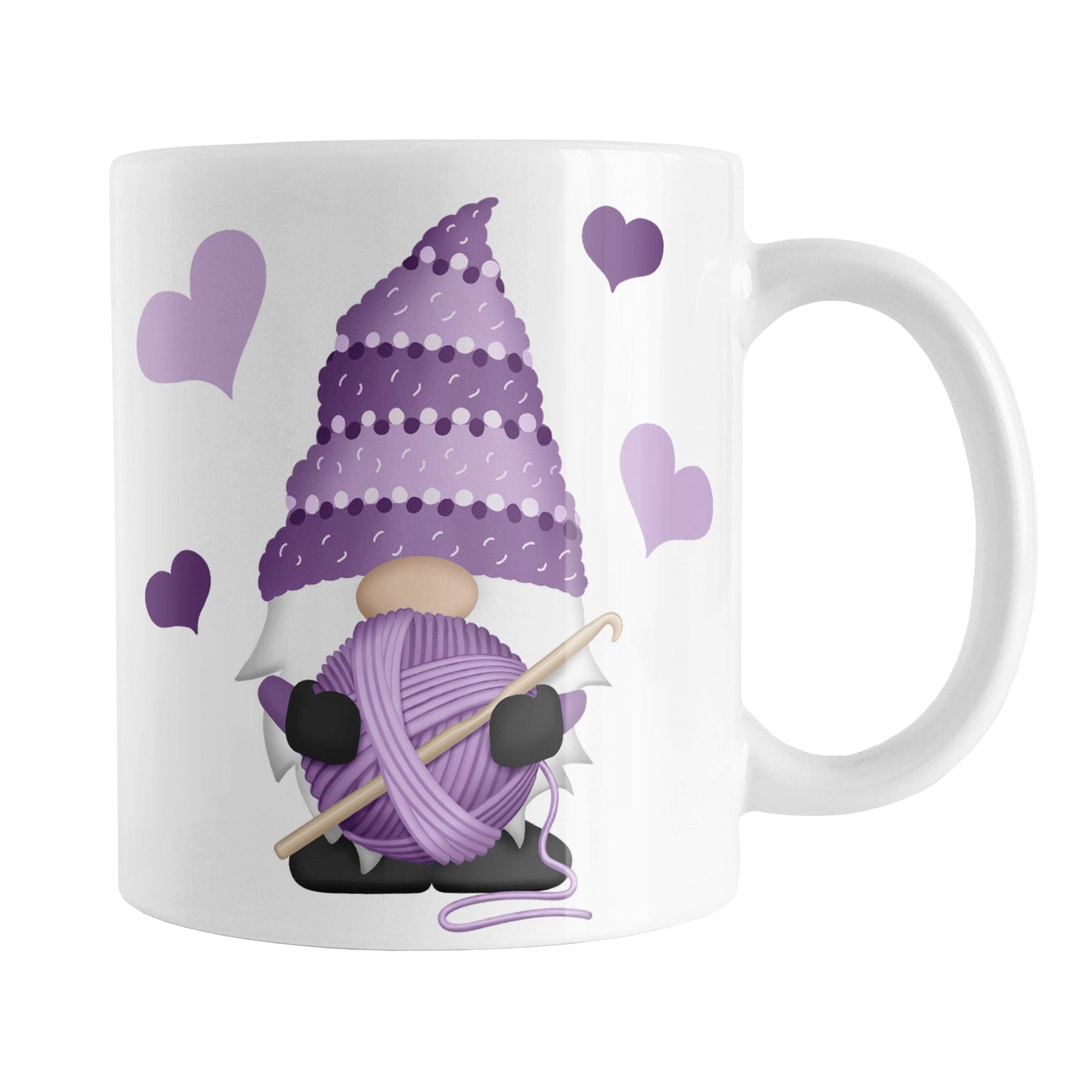Purple Crochet Gnome Mug (11oz) at Amy's Coffee Mugs. A ceramic coffee mug designed with a cute gnome wearing a purple crochet hat while holding a ball of purple yarn and a crochet hook with purple hearts around him. This cute crochet gnome illustration is on both sides of the mug.