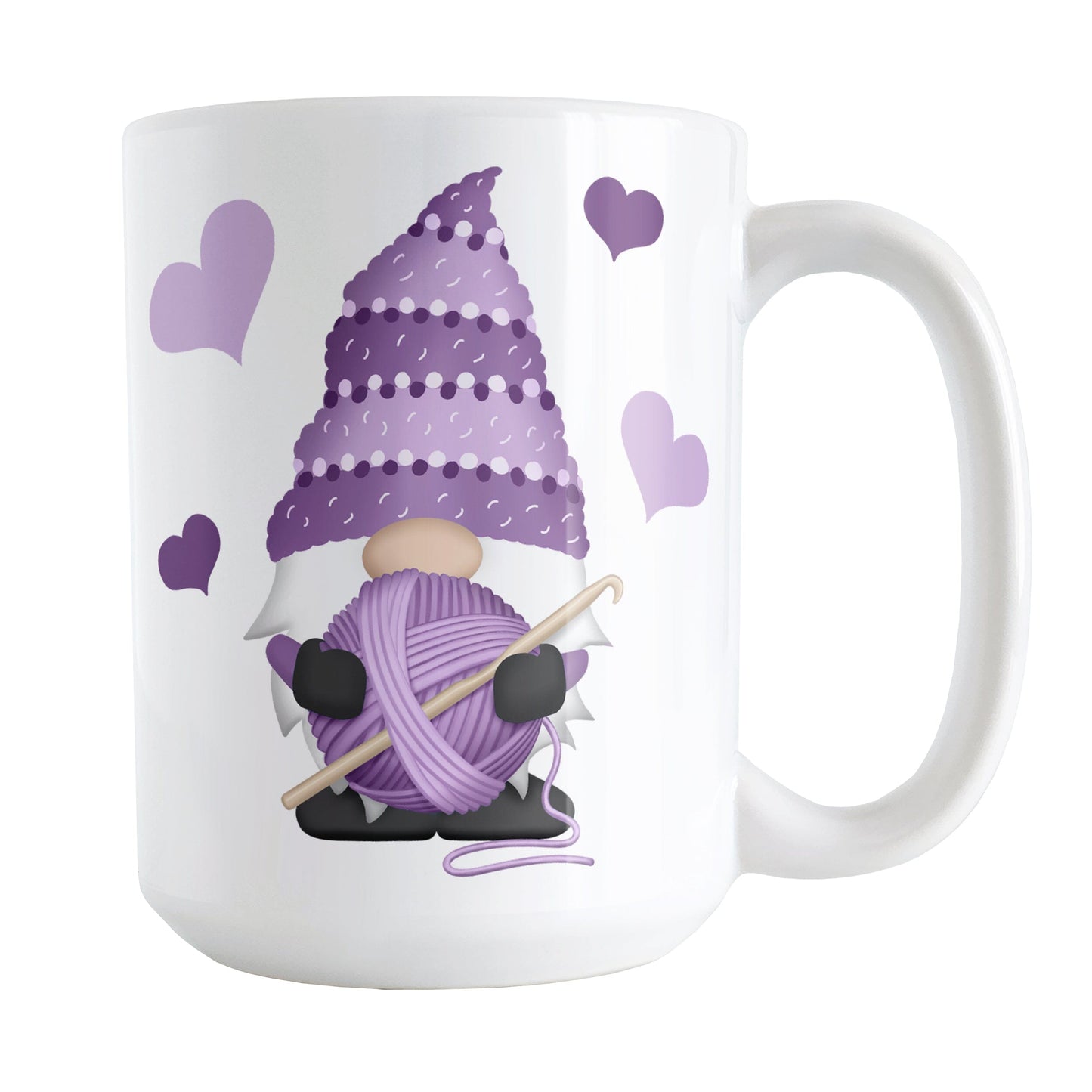 Purple Crochet Gnome Mug (15oz) at Amy's Coffee Mugs. A ceramic coffee mug designed with a cute gnome wearing a purple crochet hat while holding a ball of purple yarn and a crochet hook with purple hearts around him. This cute crochet gnome illustration is on both sides of the mug.