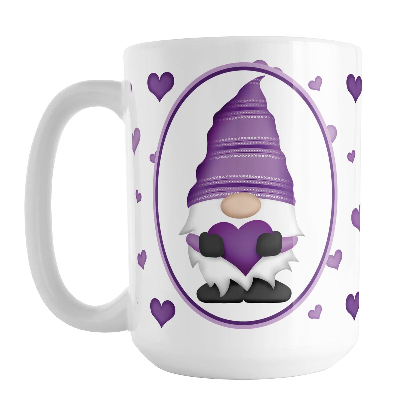 Purple Gnome Dainty Hearts Mug (15oz) at Amy's Coffee Mugs. A ceramic coffee mug designed with an adorable purple gnome in a white oval on both sides of the mug over a pattern of cute dainty hearts in different shades of purple that wrap around the mug to the handle.