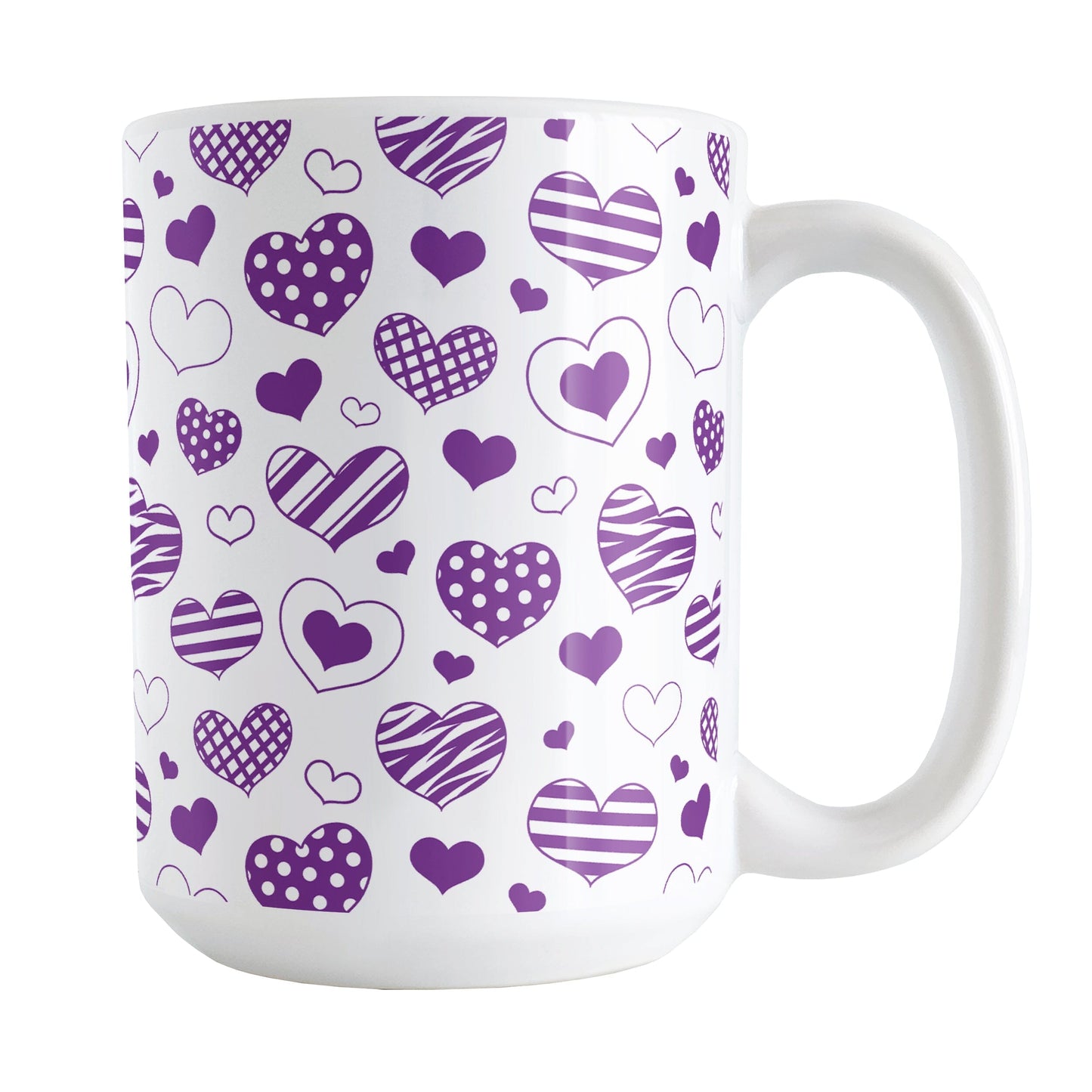 Purple Heart Doodles Mug (15oz) at Amy's Coffee Mugs. A ceramic coffee mug designed with hand-drawn purple heart doodles in a pattern that wraps around the cup. This cute heart pattern is perfect for Valentine's Day or for anyone who loves hearts and young-at-heart drawings.