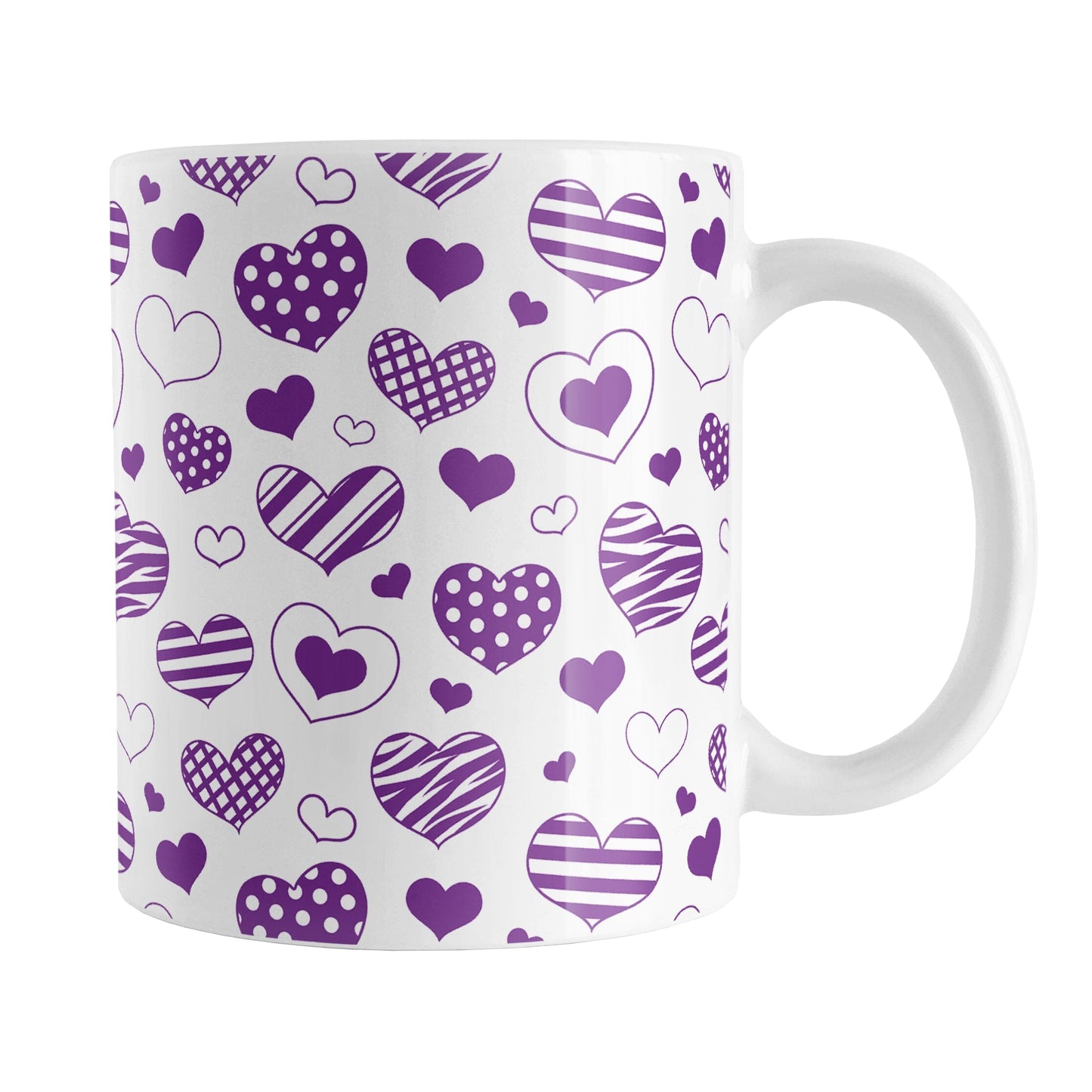 Purple Heart Doodles Mug (11oz) at Amy's Coffee Mugs. A ceramic coffee mug designed with hand-drawn purple heart doodles in a pattern that wraps around the cup. This cute heart pattern is perfect for Valentine's Day or for anyone who loves hearts and young-at-heart drawings.
