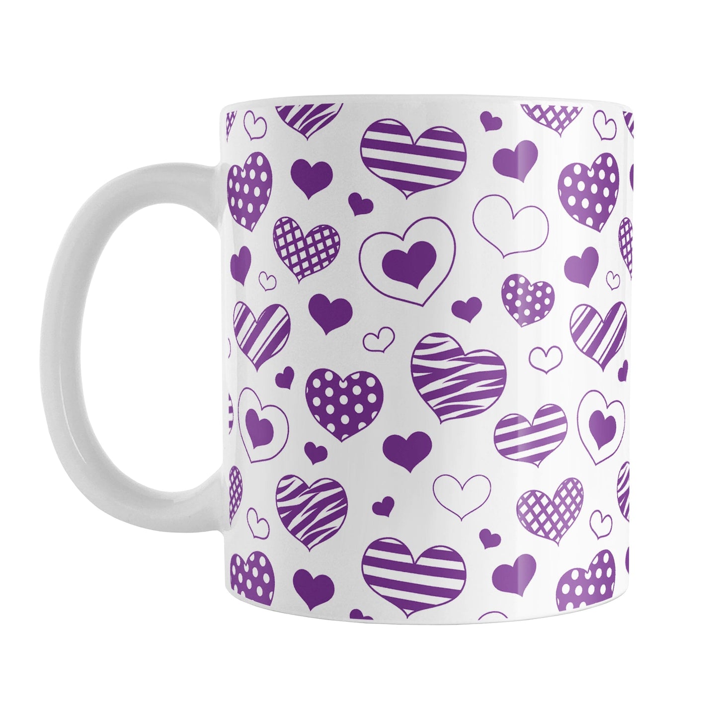Purple Heart Doodles Mug (11oz) at Amy's Coffee Mugs. A ceramic coffee mug designed with hand-drawn purple heart doodles in a pattern that wraps around the cup. This cute heart pattern is perfect for Valentine's Day or for anyone who loves hearts and young-at-heart drawings.