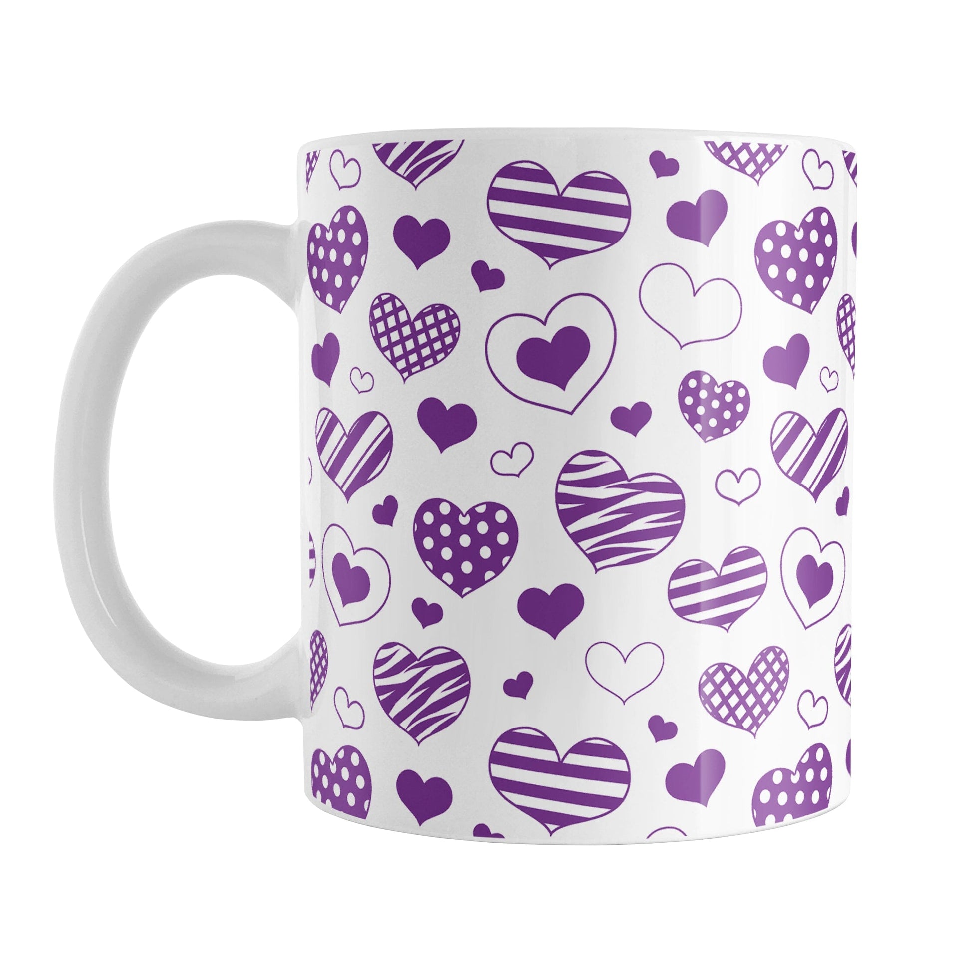 Purple Heart Doodles Mug (11oz) at Amy's Coffee Mugs. A ceramic coffee mug designed with hand-drawn purple heart doodles in a pattern that wraps around the cup. This cute heart pattern is perfect for Valentine's Day or for anyone who loves hearts and young-at-heart drawings.