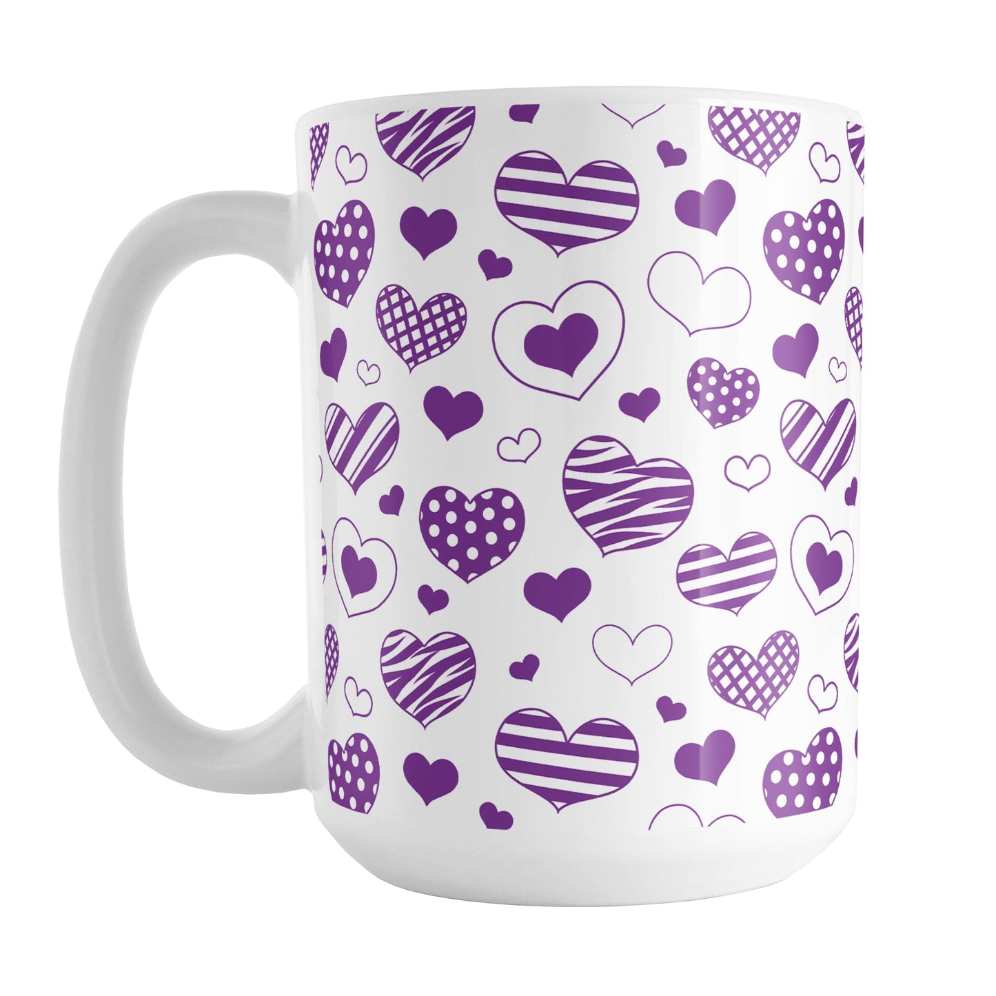 Purple Heart Doodles Mug (15oz) at Amy's Coffee Mugs. A ceramic coffee mug designed with hand-drawn purple heart doodles in a pattern that wraps around the cup. This cute heart pattern is perfect for Valentine's Day or for anyone who loves hearts and young-at-heart drawings.