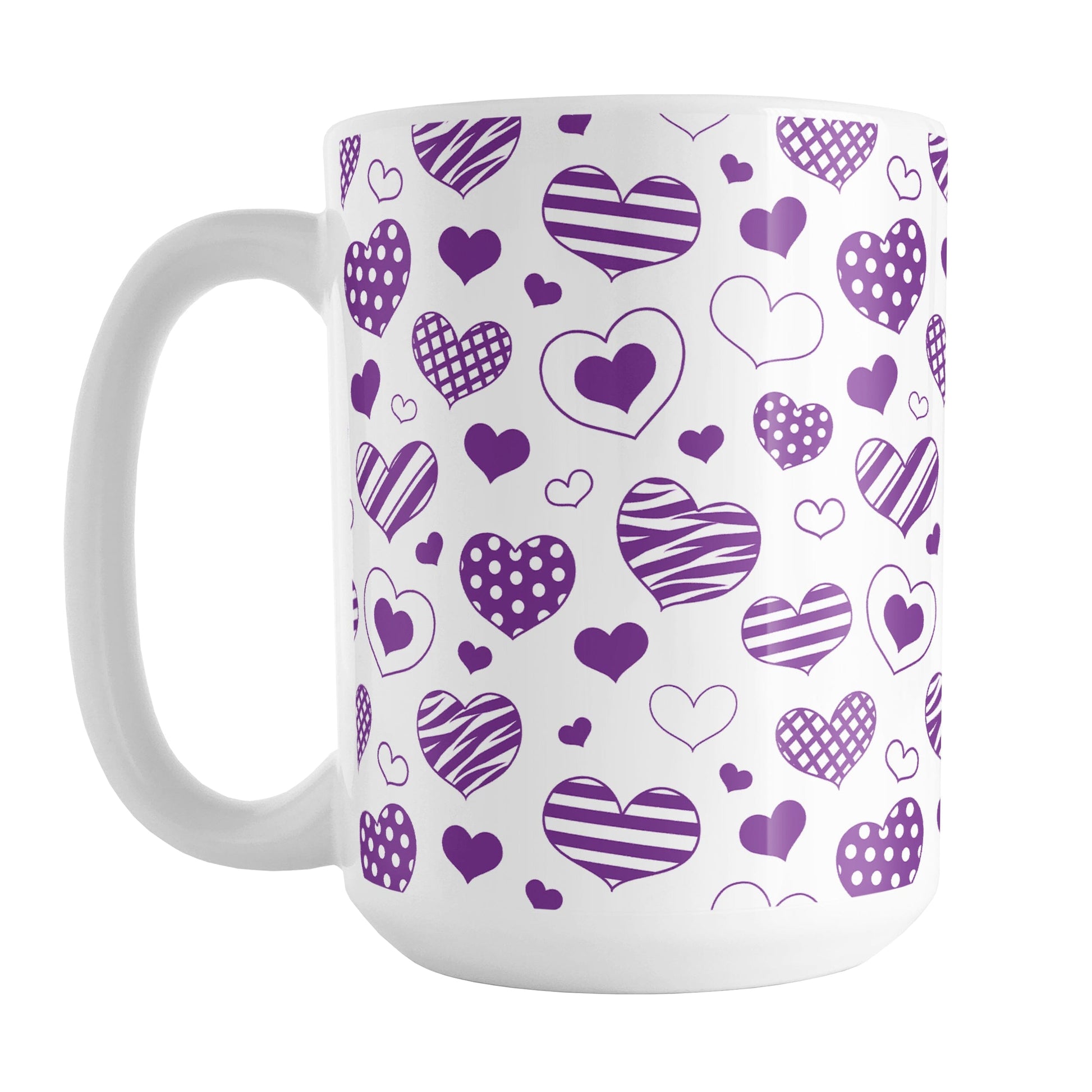 Purple Heart Doodles Mug (15oz) at Amy's Coffee Mugs. A ceramic coffee mug designed with hand-drawn purple heart doodles in a pattern that wraps around the cup. This cute heart pattern is perfect for Valentine's Day or for anyone who loves hearts and young-at-heart drawings.