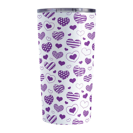 Purple Heart Doodles Tumbler Cup (20oz) at Amy's Coffee Mugs. A stainless steel tumbler cup designed with a print of hand-drawn purple heart doodles in a pattern that wraps around the cup. This cute heart pattern is perfect for Valentine's Day or for anyone who loves hearts and young-at-heart drawings.